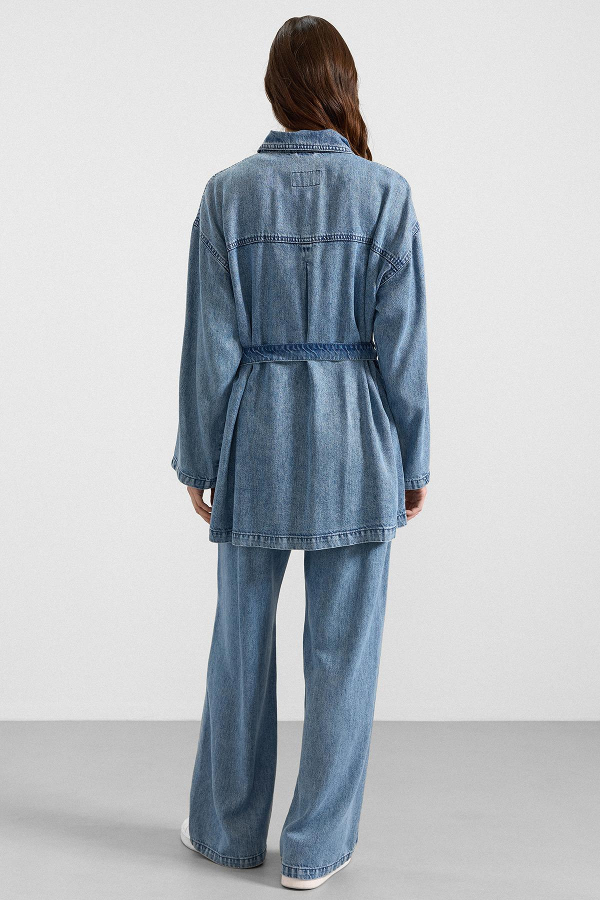 Çıt Çıt Kapamalı Soft Denim Ceket Pantolon İkili Takım MAVİ 9398-TK