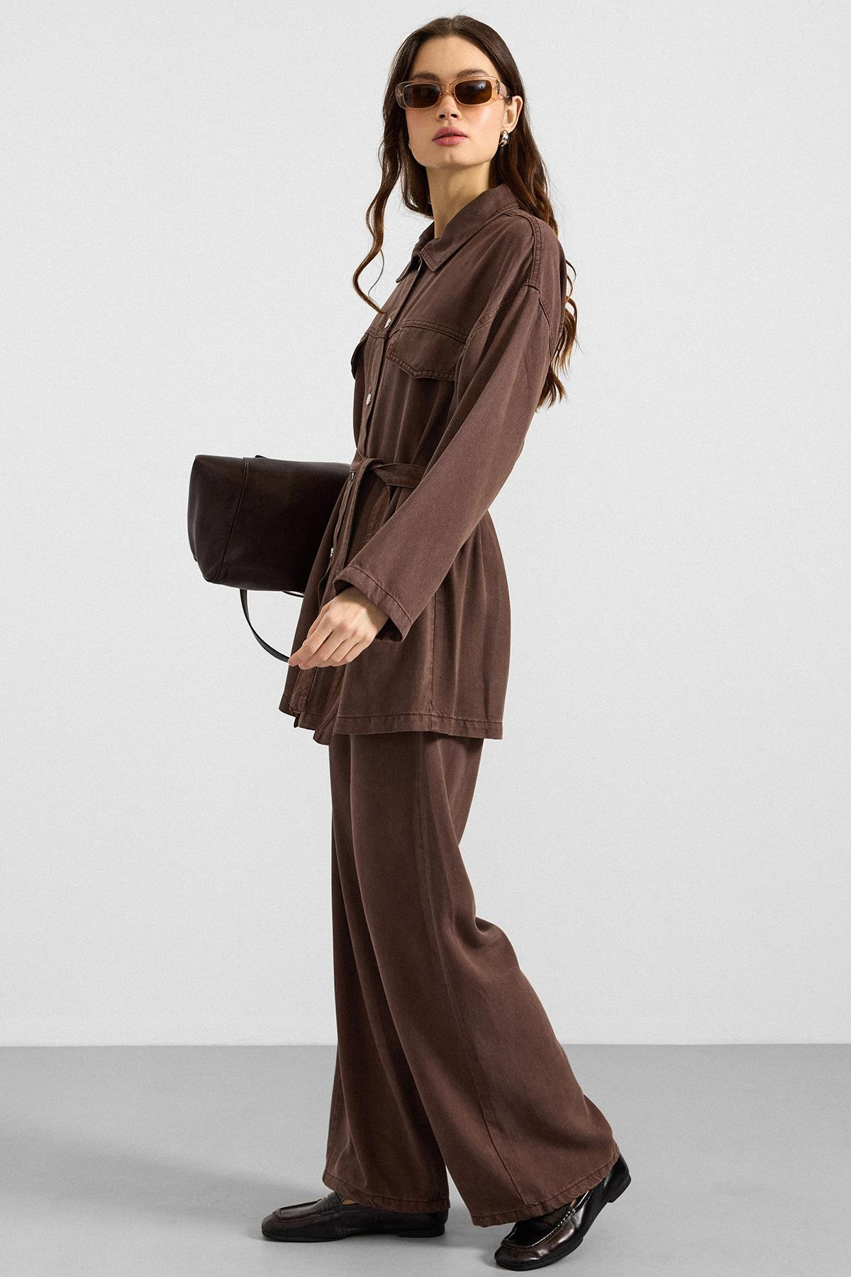 Çıt Çıt Kapamalı Soft Denim Ceket Pantolon İkili Takım KAHVE 9398-TK