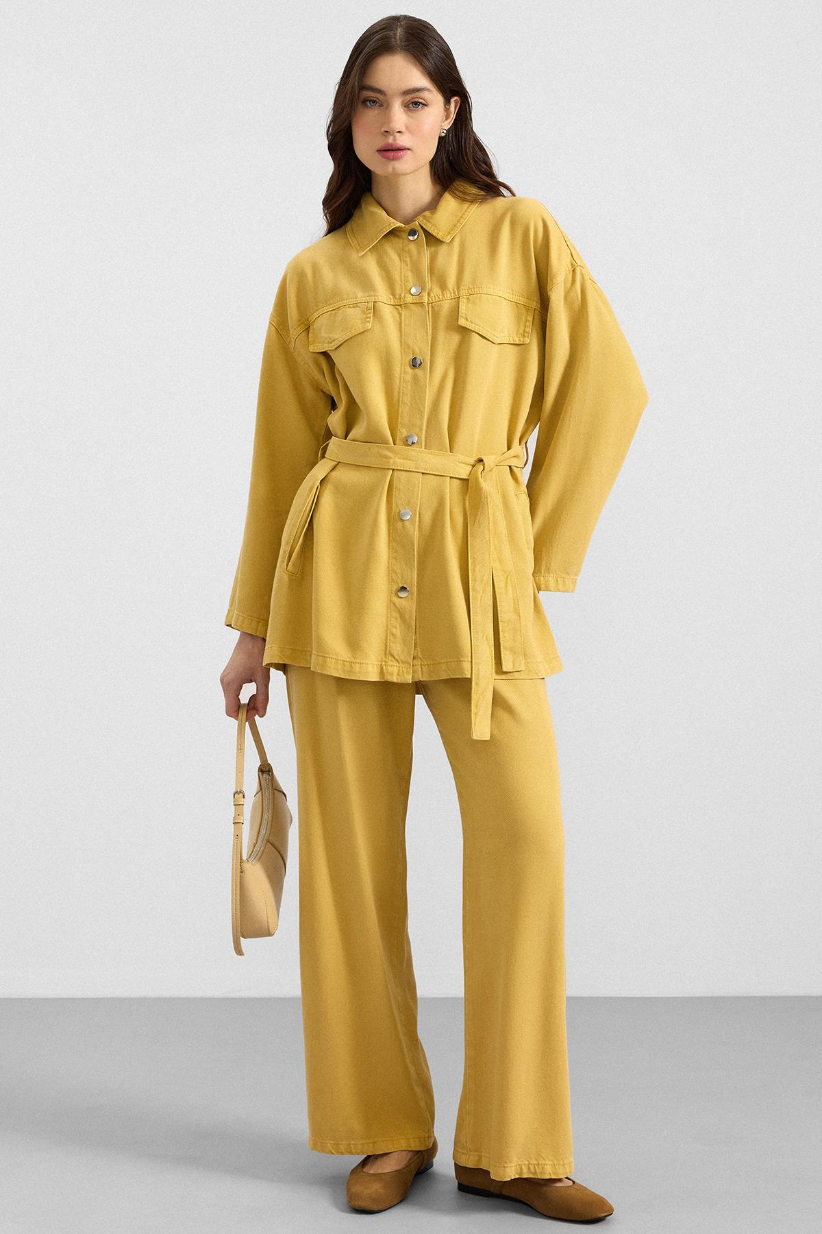 Çıt Çıt Kapamalı Soft Denim Ceket Pantolon İkili Takım SARI 9398-TK