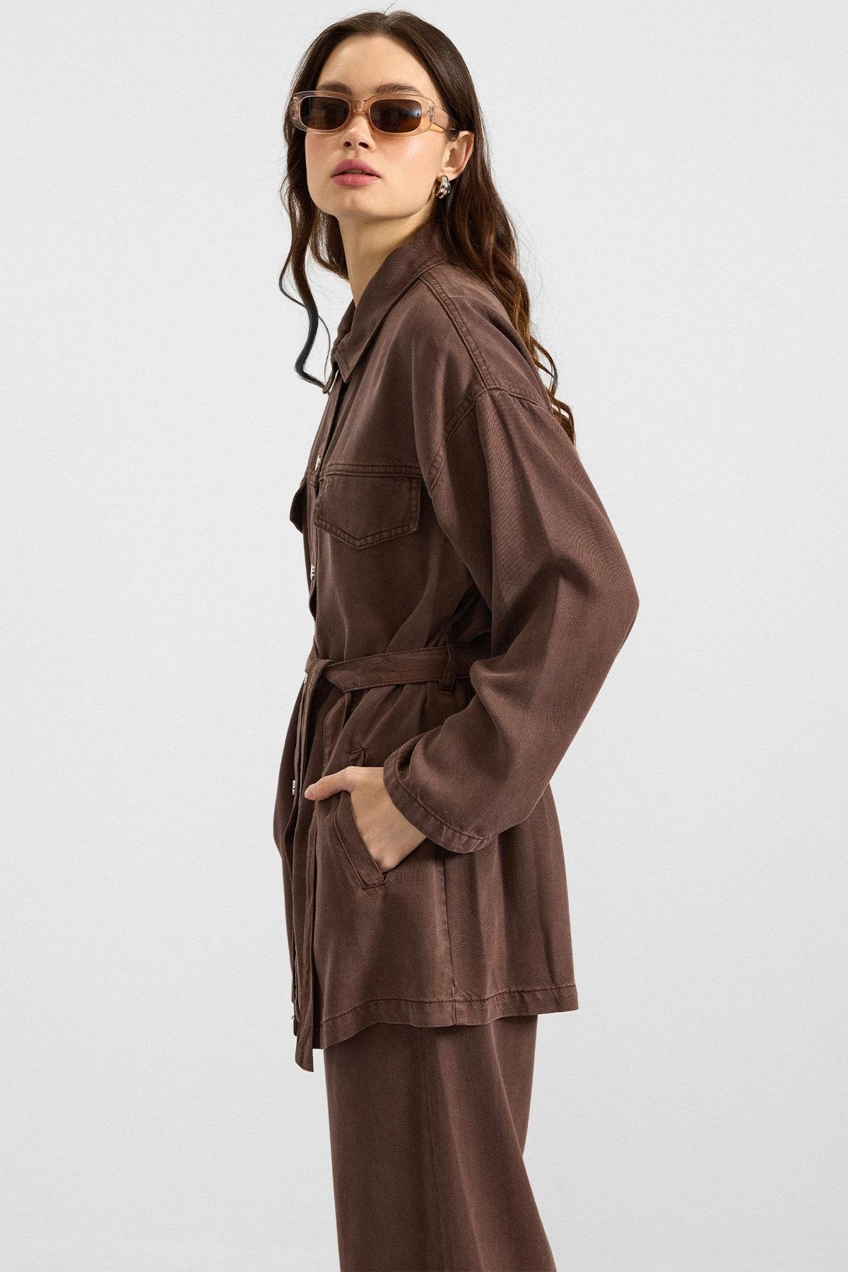 Çıt Çıt Kapamalı Soft Denim Ceket Pantolon İkili Takım KAHVE 9398-TK