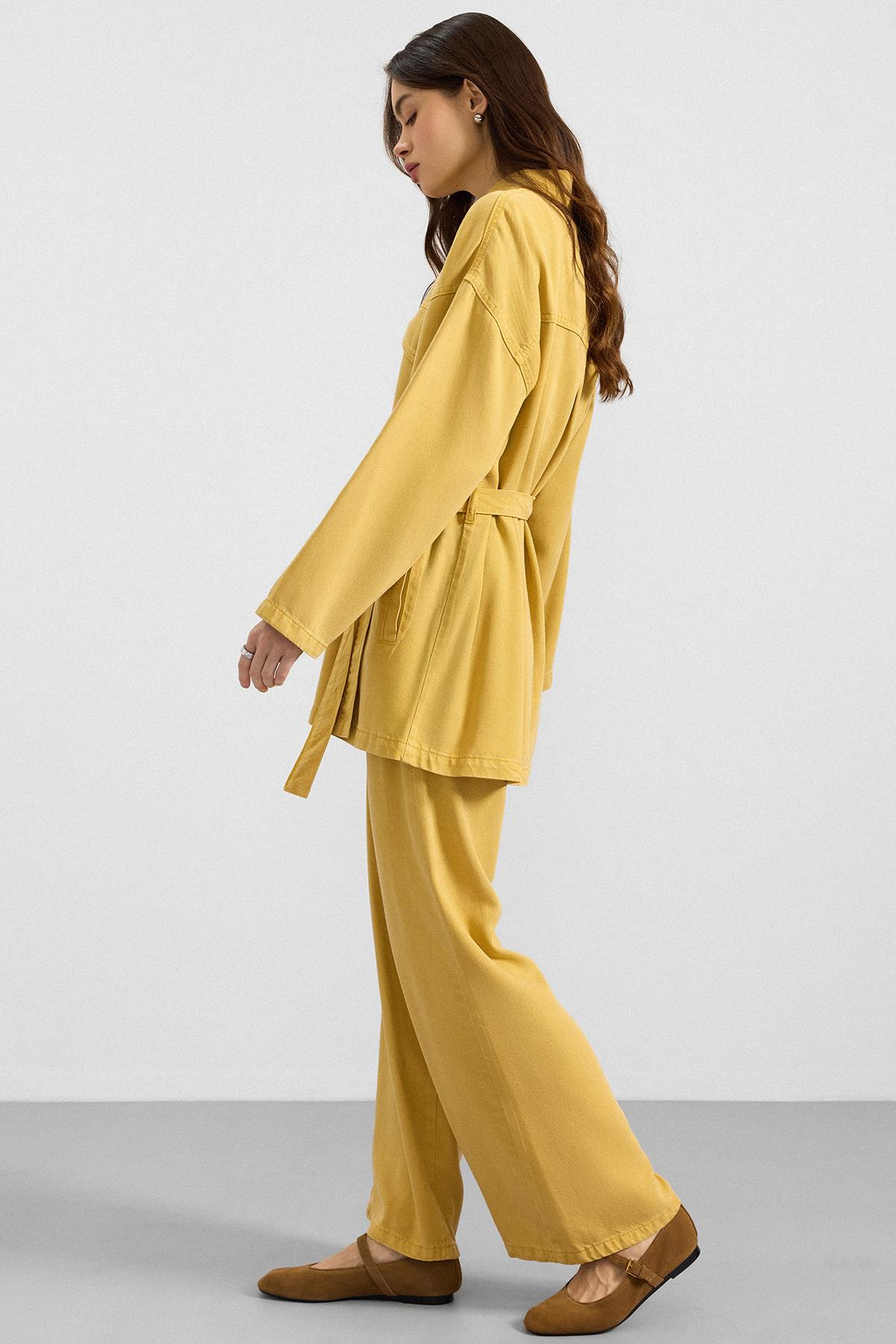 Çıt Çıt Kapamalı Soft Denim Ceket Pantolon İkili Takım SARI 9398-TK