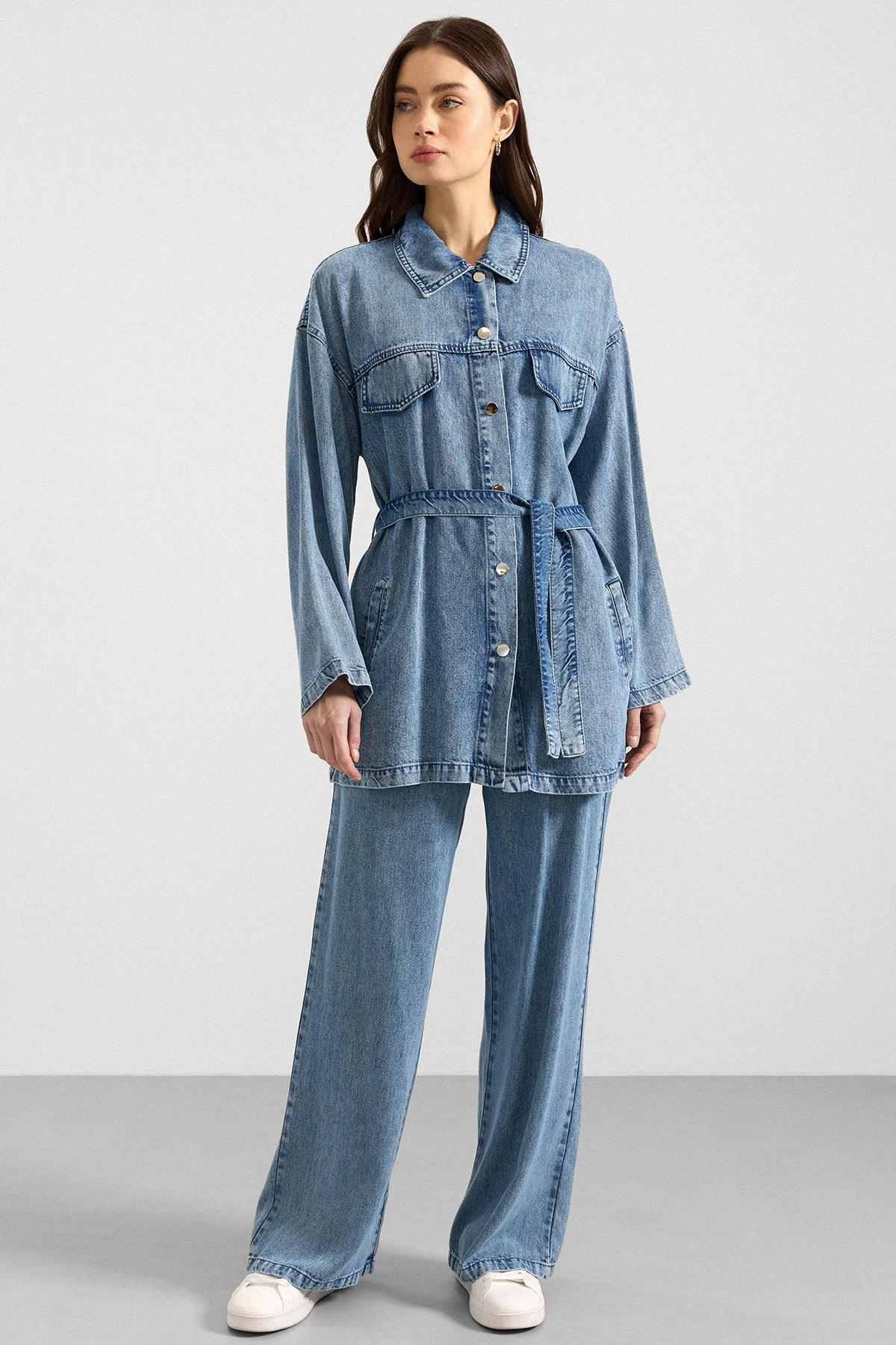 Çıt Çıt Kapamalı Soft Denim Ceket Pantolon İkili Takım MAVİ 9398-TK