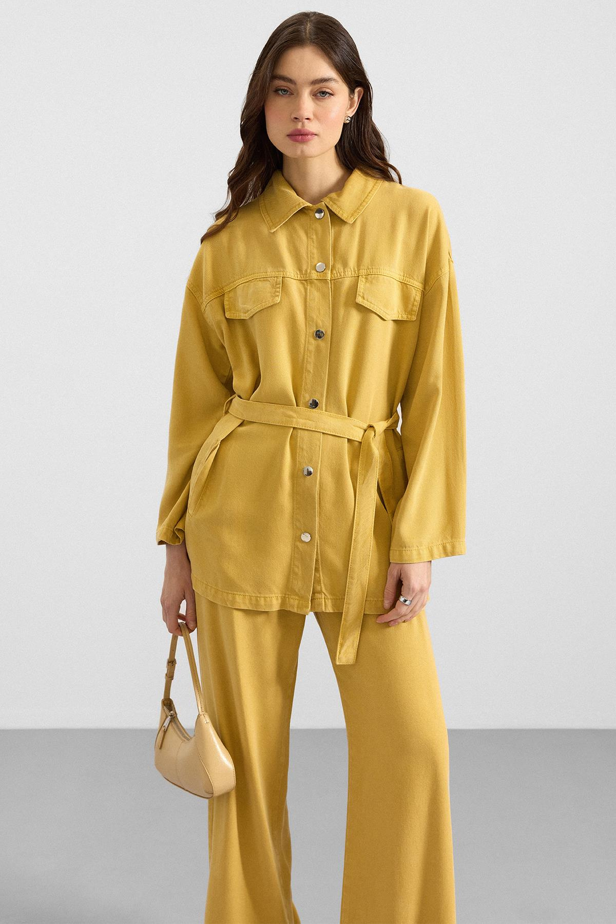 Çıt Çıt Kapamalı Soft Denim Ceket Pantolon İkili Takım SARI 9398-TK