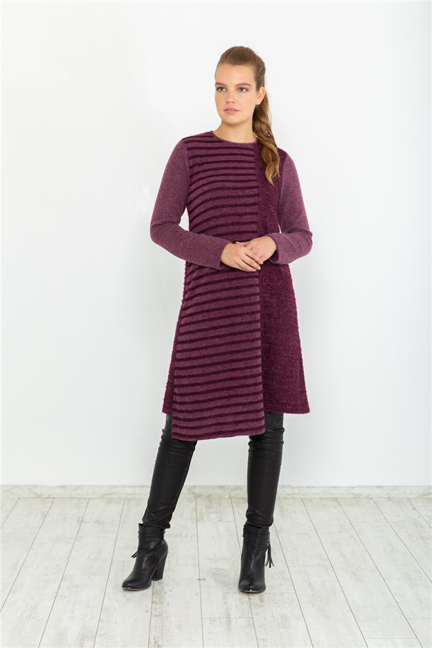 ÇİZGİ DESENLİ TRİKO TUNİK MOR 9756