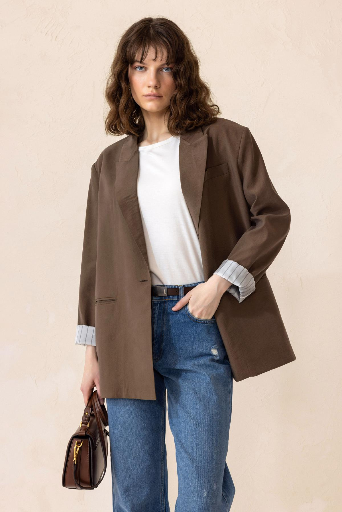 Striped Lined Modal Sports Jacket COFFEE 8258