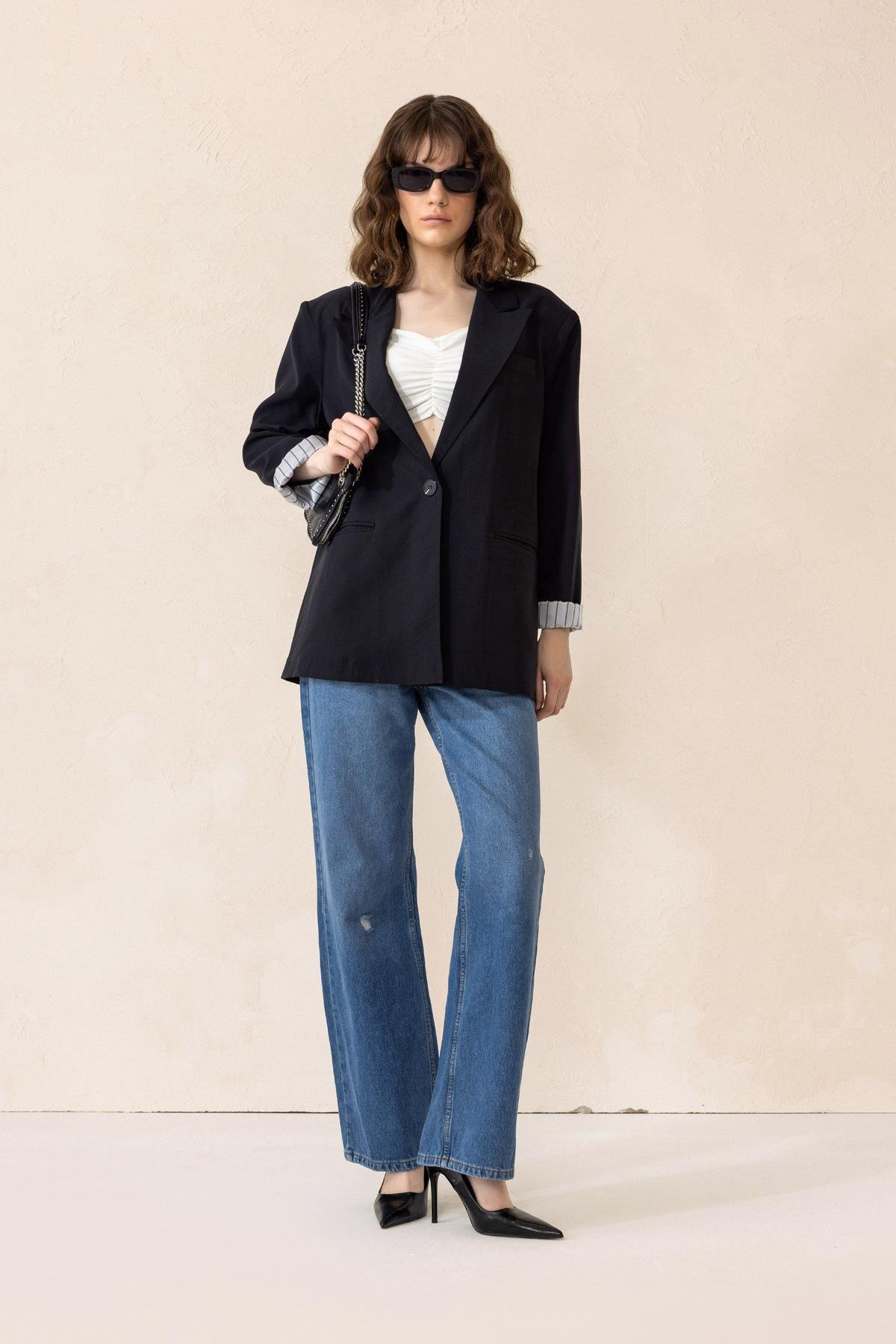 Striped Lined Modal Sports Jacket BLACK 8258