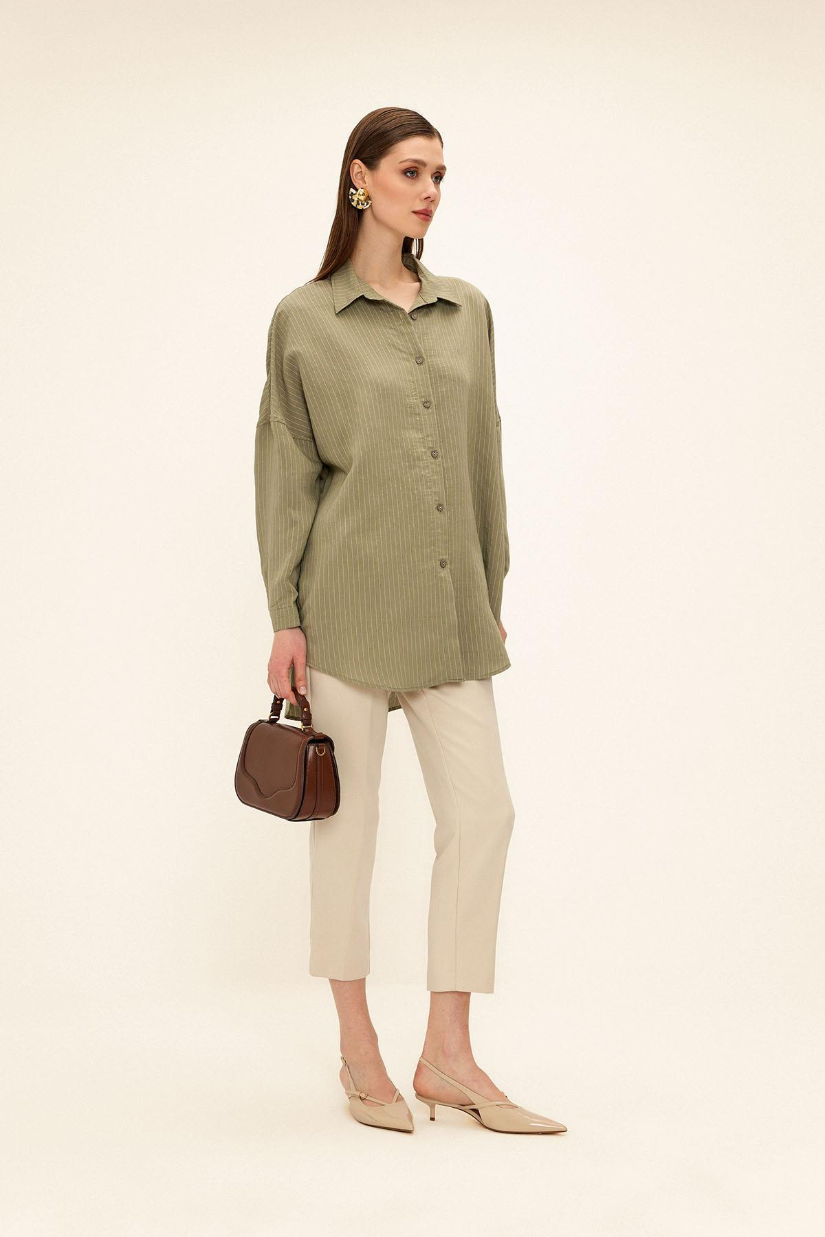 Çizgili Kumaş Salaş Modal Gömlek HAKİ 9326