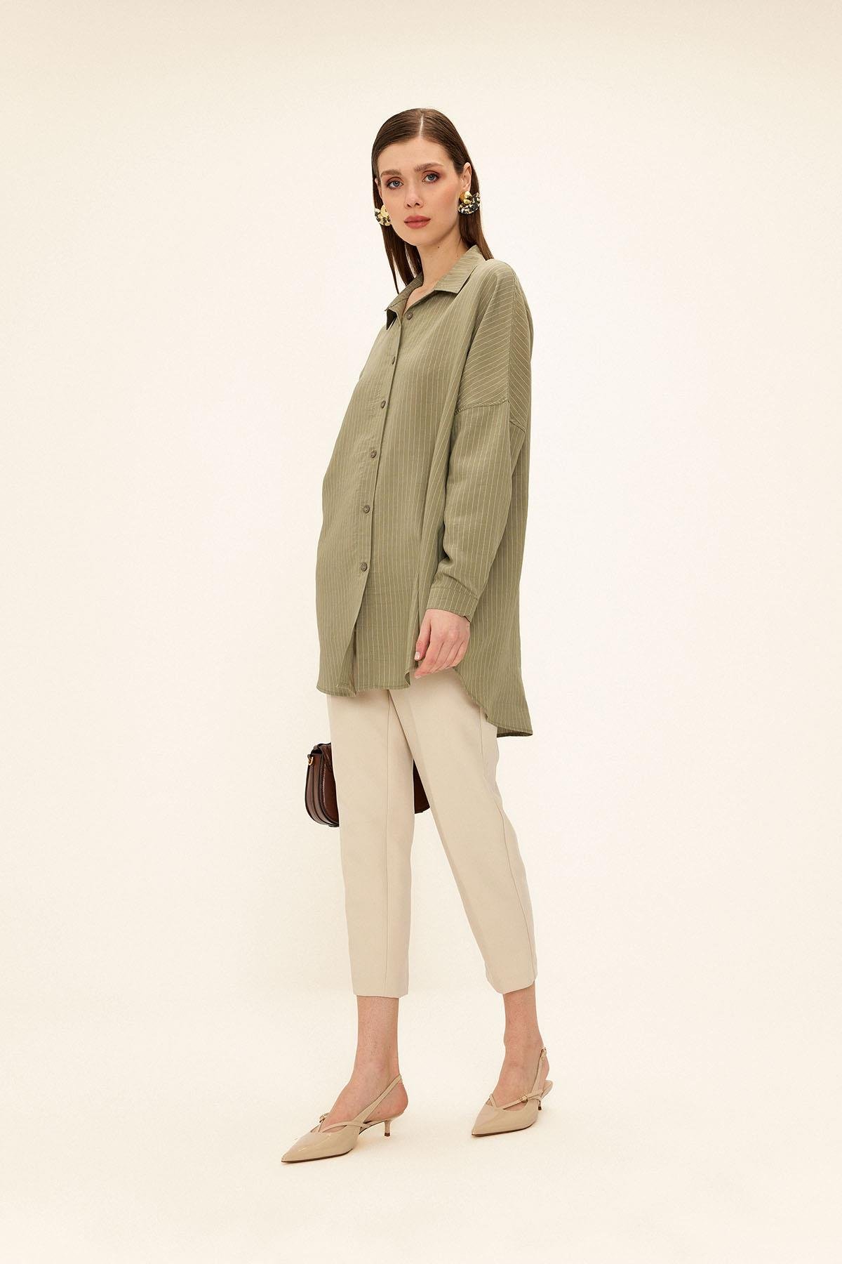 Çizgili Kumaş Salaş Modal Gömlek HAKİ 9326