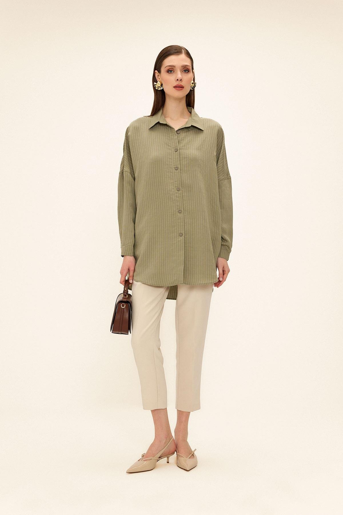 Çizgili Kumaş Salaş Modal Gömlek HAKİ 9326