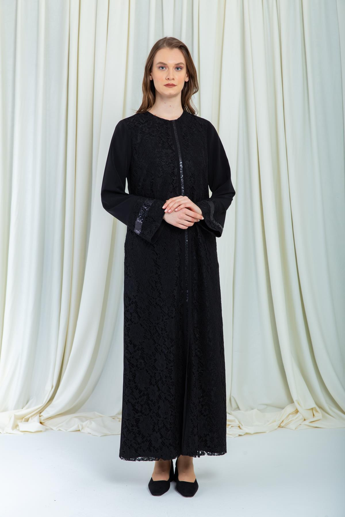 Dantelli Şık Ferace SİYAH 6071