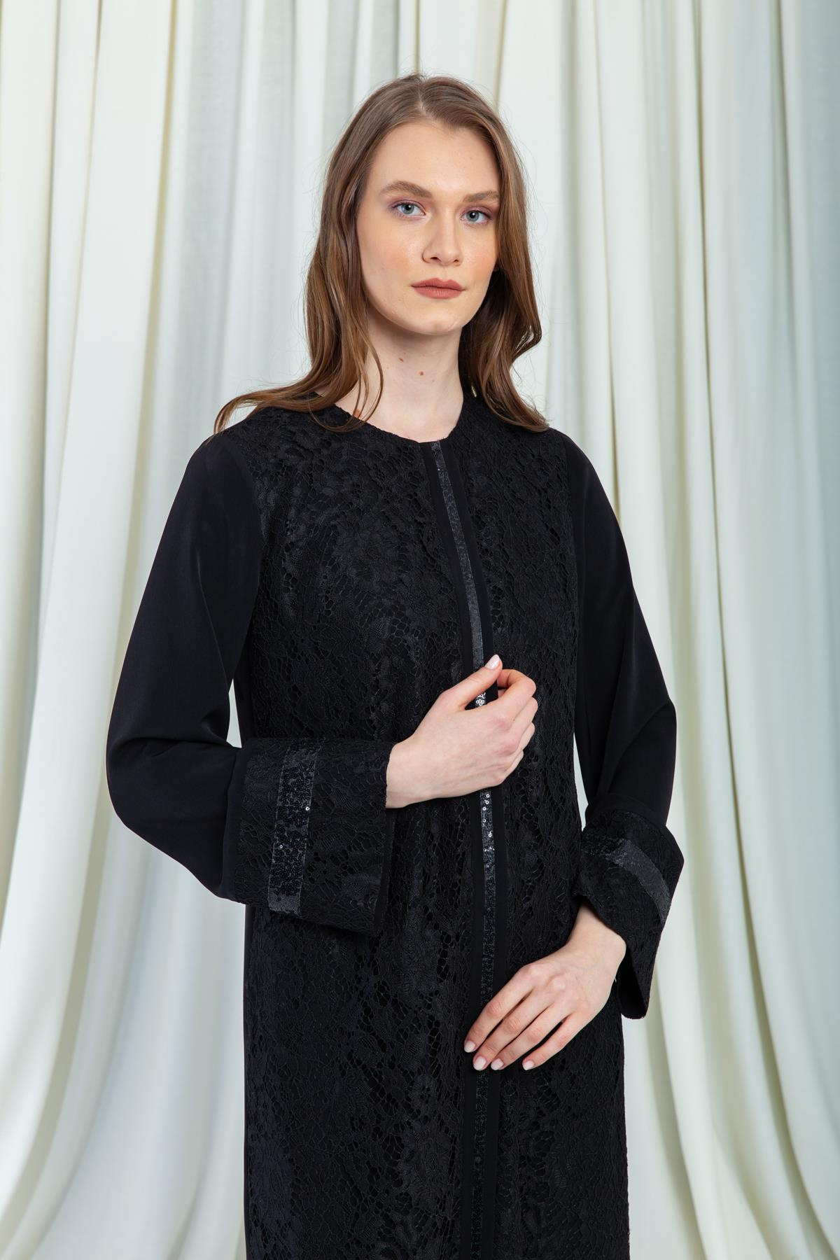 Dantelli Şık Ferace SİYAH 6071