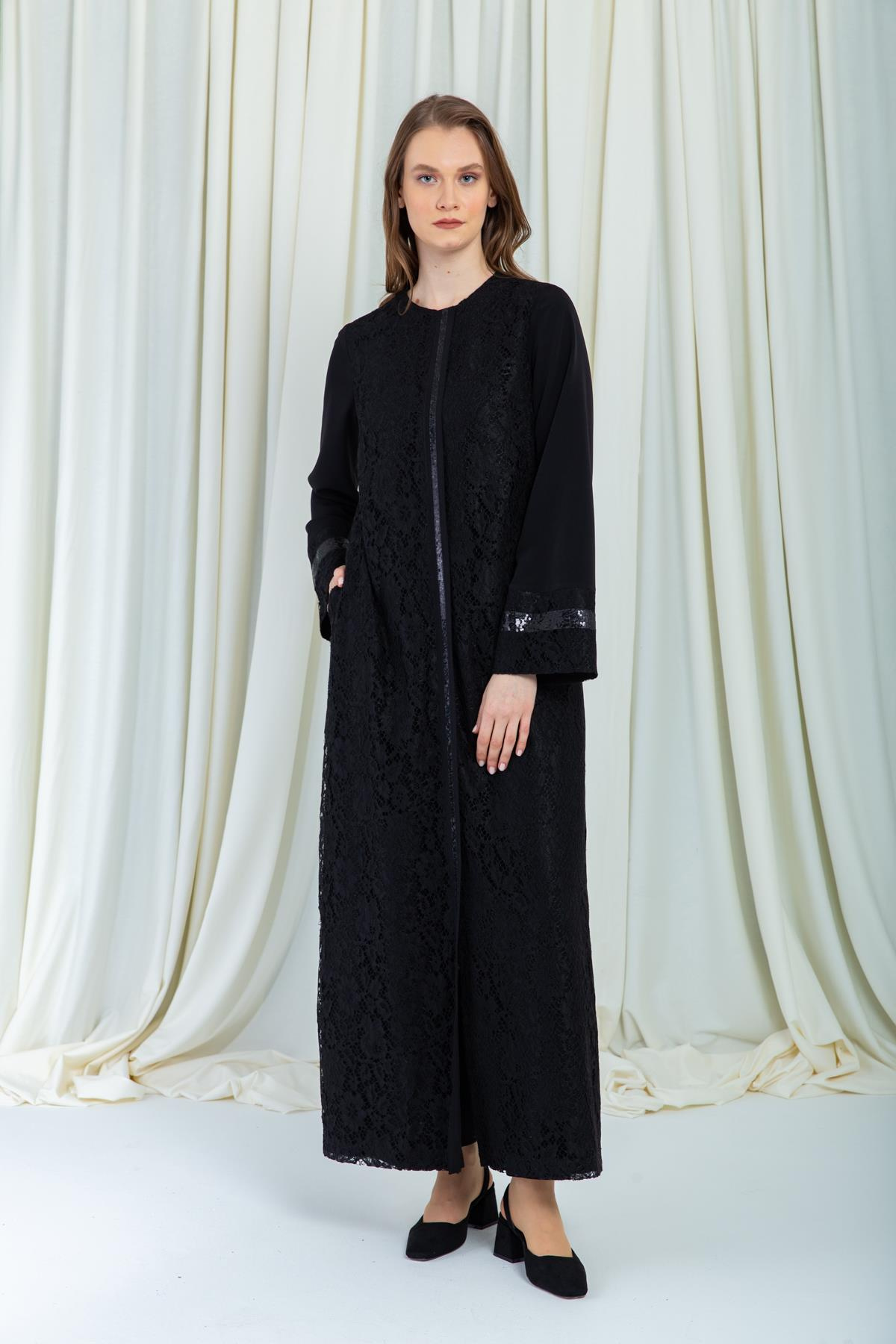 Dantelli Şık Ferace SİYAH 6071