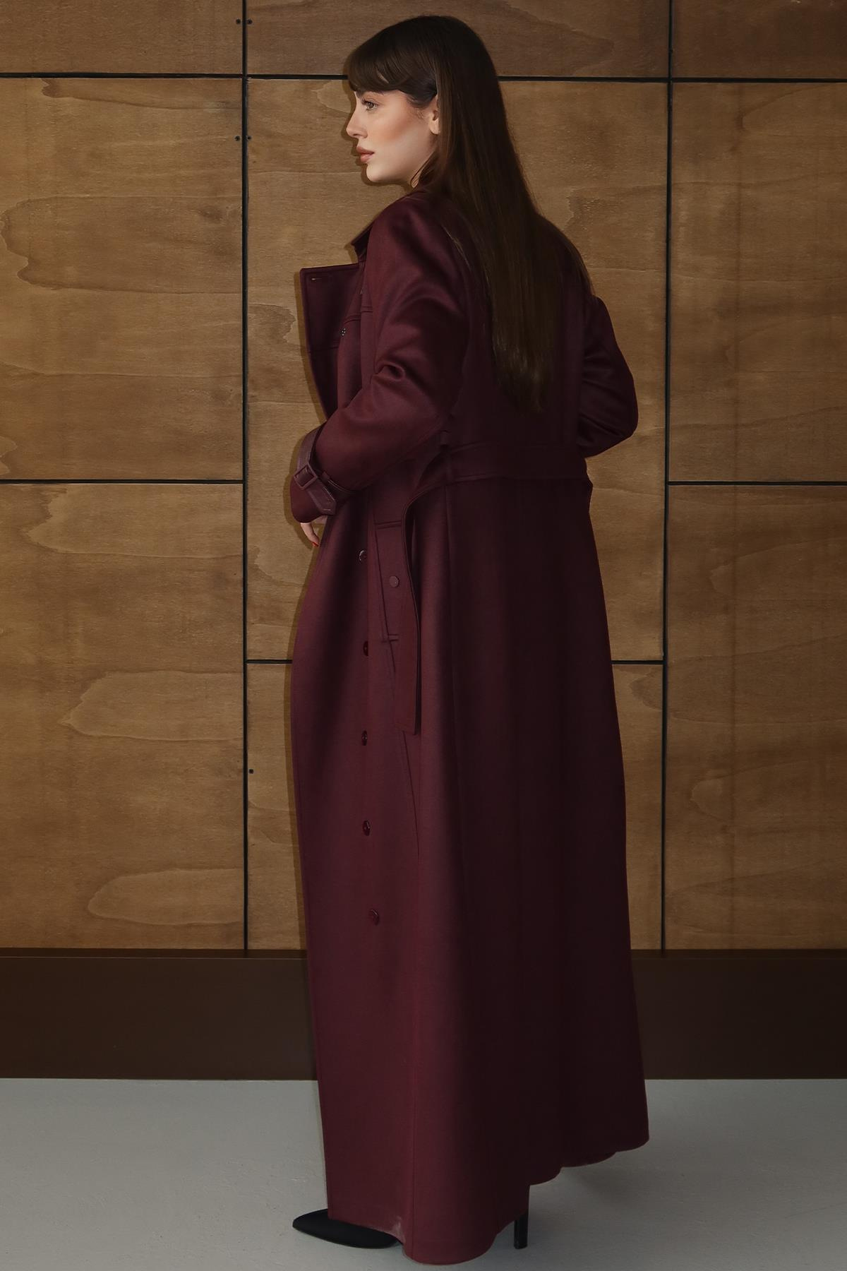 Deri Aksesuarlı Çıt Çıt Detaylı Gabardin Süet Görünümlü Pardesü BORDO 6803