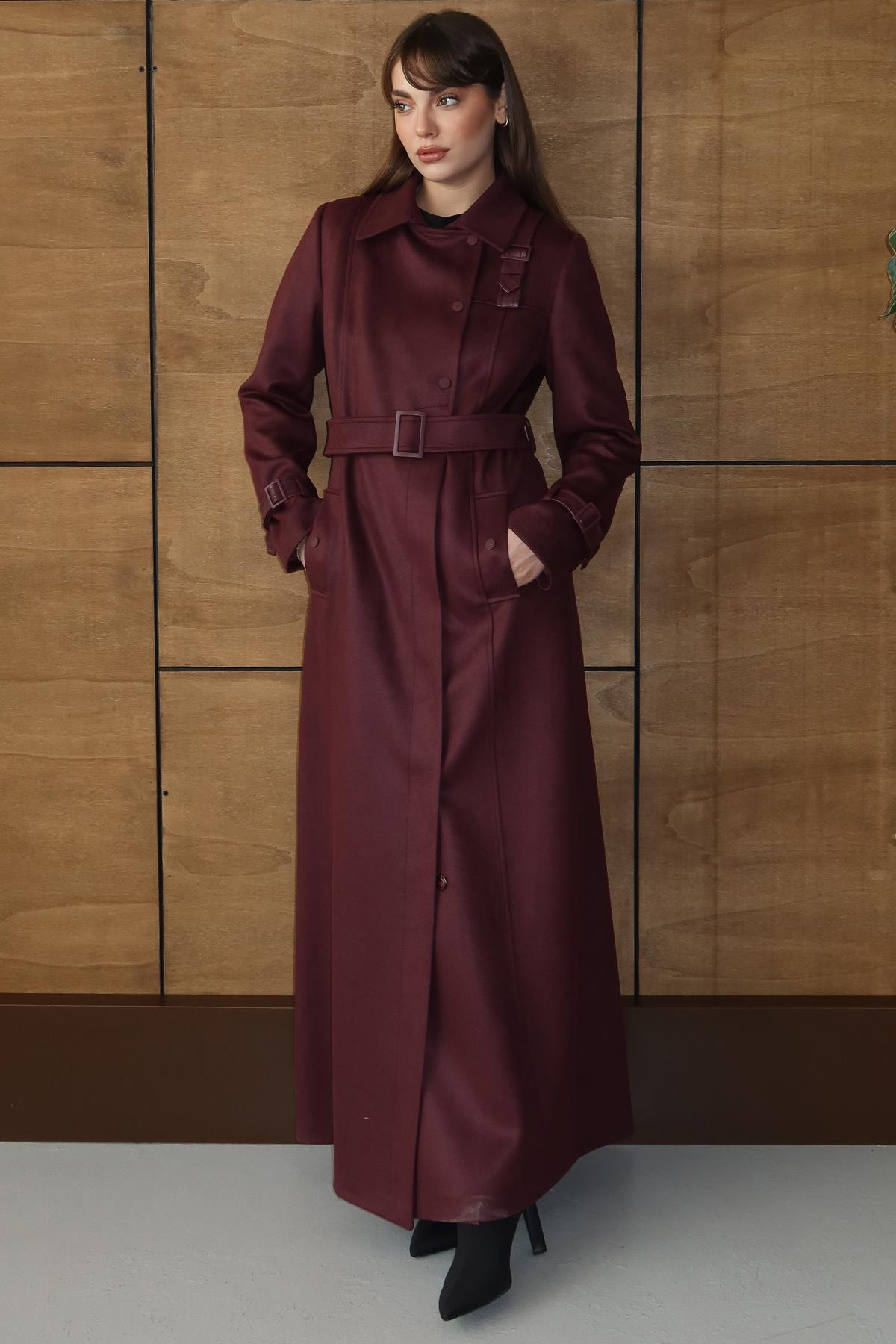 Deri Aksesuarlı Çıt Çıt Detaylı Gabardin Süet Görünümlü Pardesü BORDO 6803