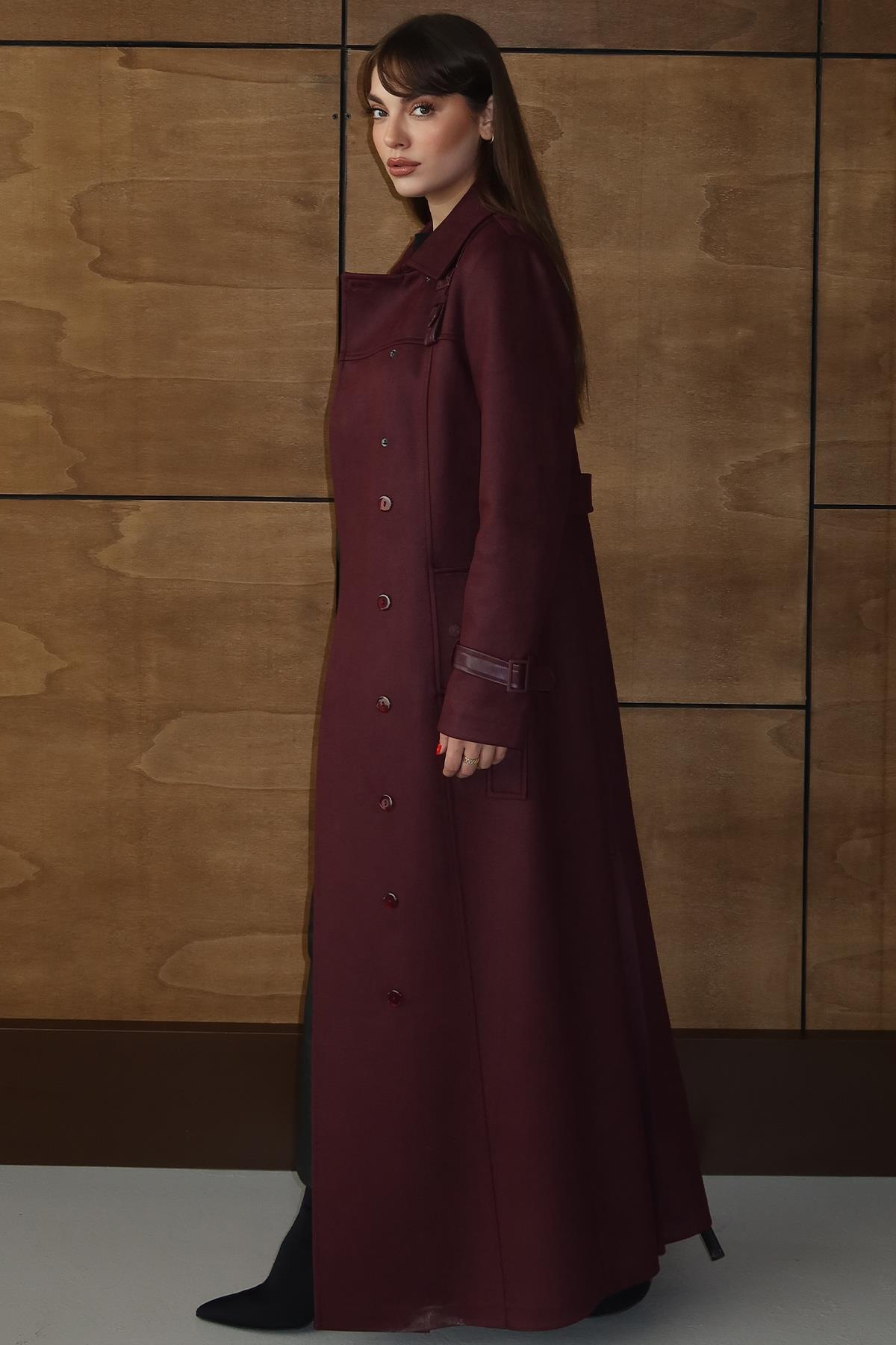 Deri Aksesuarlı Çıt Çıt Detaylı Gabardin Süet Görünümlü Pardesü BORDO 6803