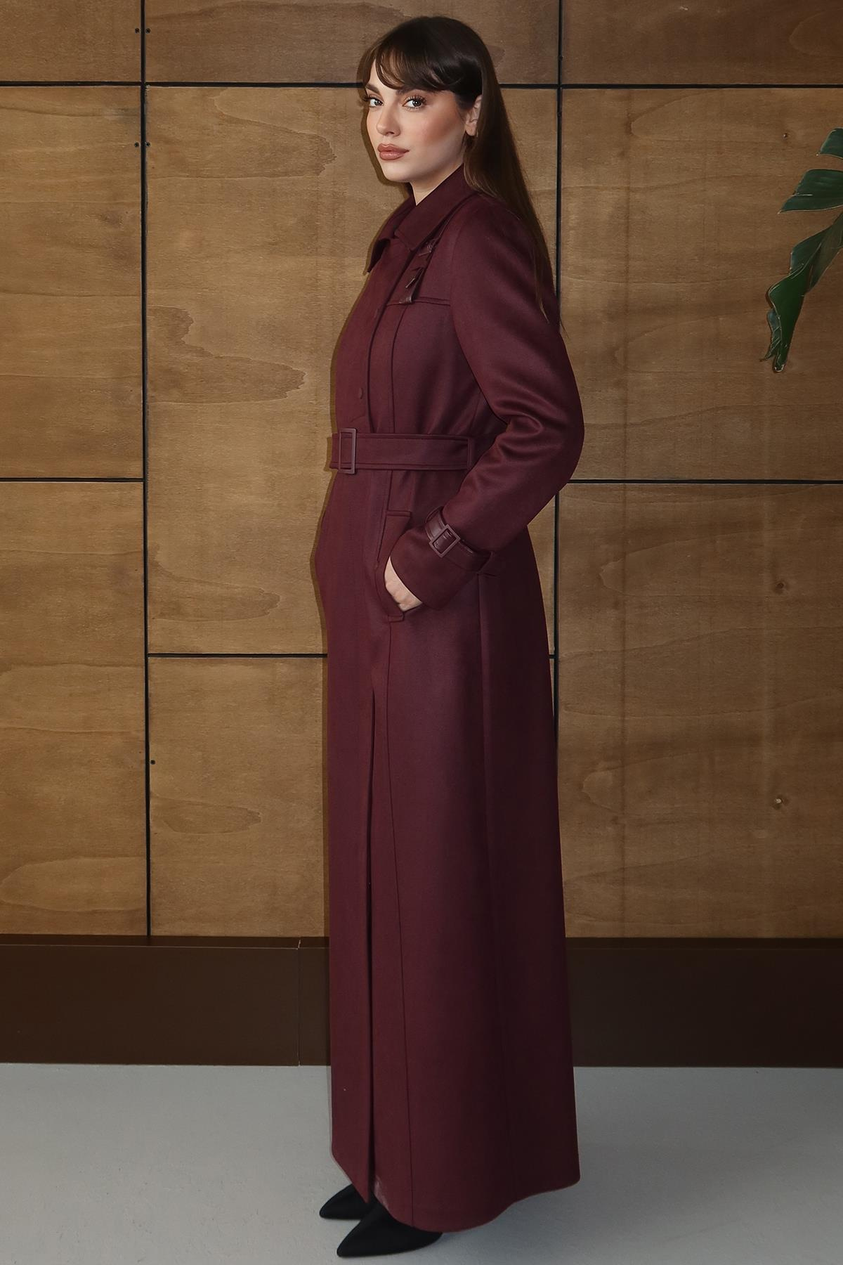 Deri Aksesuarlı Çıt Çıt Detaylı Gabardin Süet Görünümlü Pardesü BORDO 6803