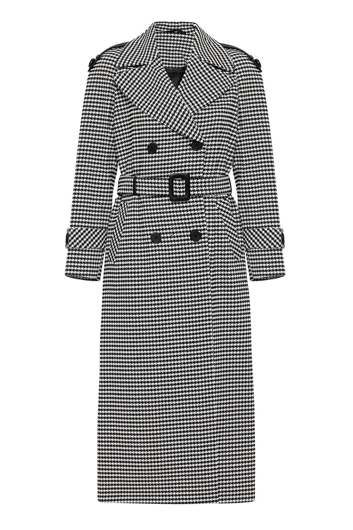 Oversize Houndstooth Patterned Mid-Length Coat with Leather Details BLACK 3027