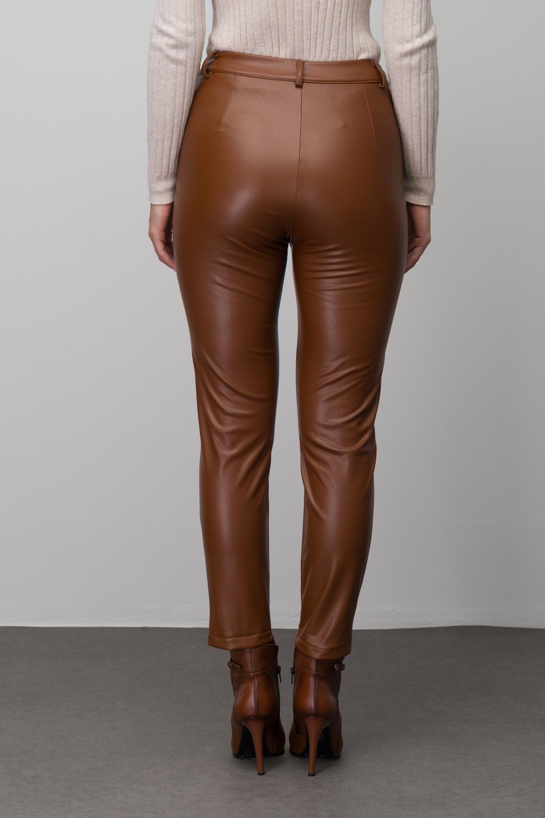 Deri Görünümlü Dikiş Detaylı Skinny Fit Pantolon TABA 7562