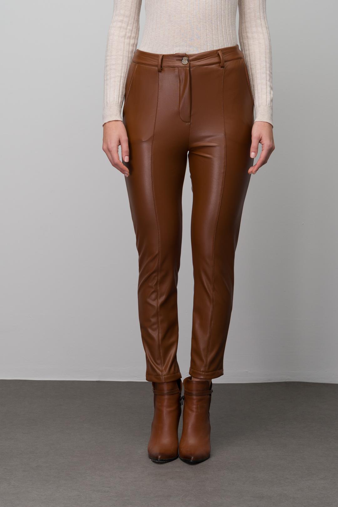 Deri Görünümlü Dikiş Detaylı Skinny Fit Pantolon TABA 7562