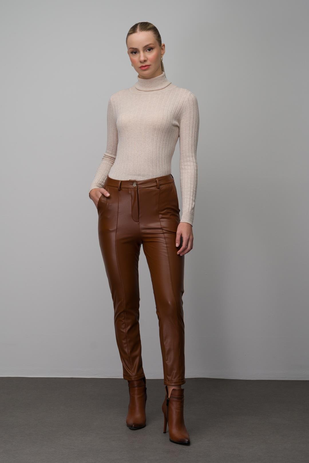 Deri Görünümlü Dikiş Detaylı Skinny Fit Pantolon TABA 7562