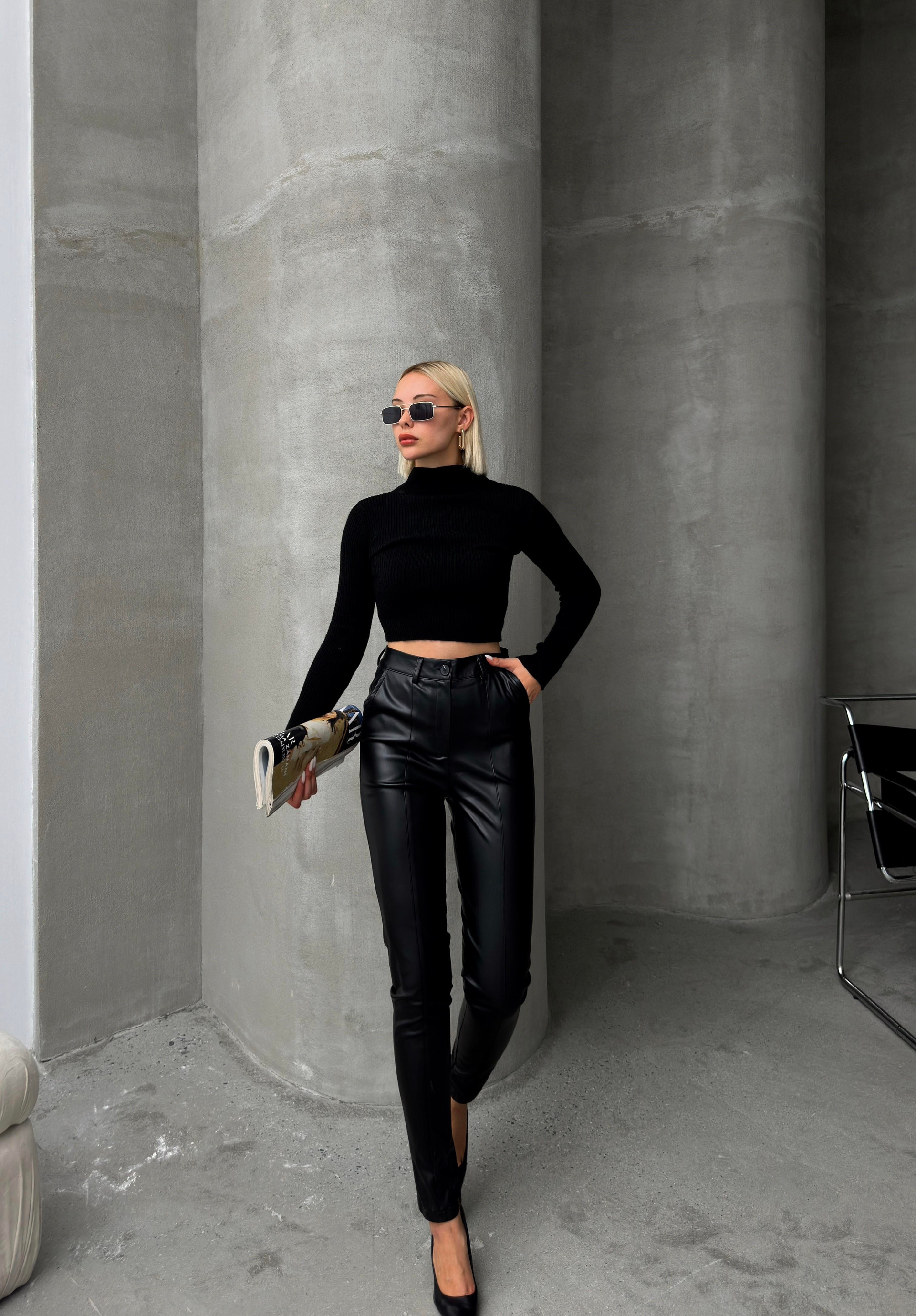 Deri Görünümlü Dikiş Detaylı Skinny Fit Pantolon SİYAH 7562