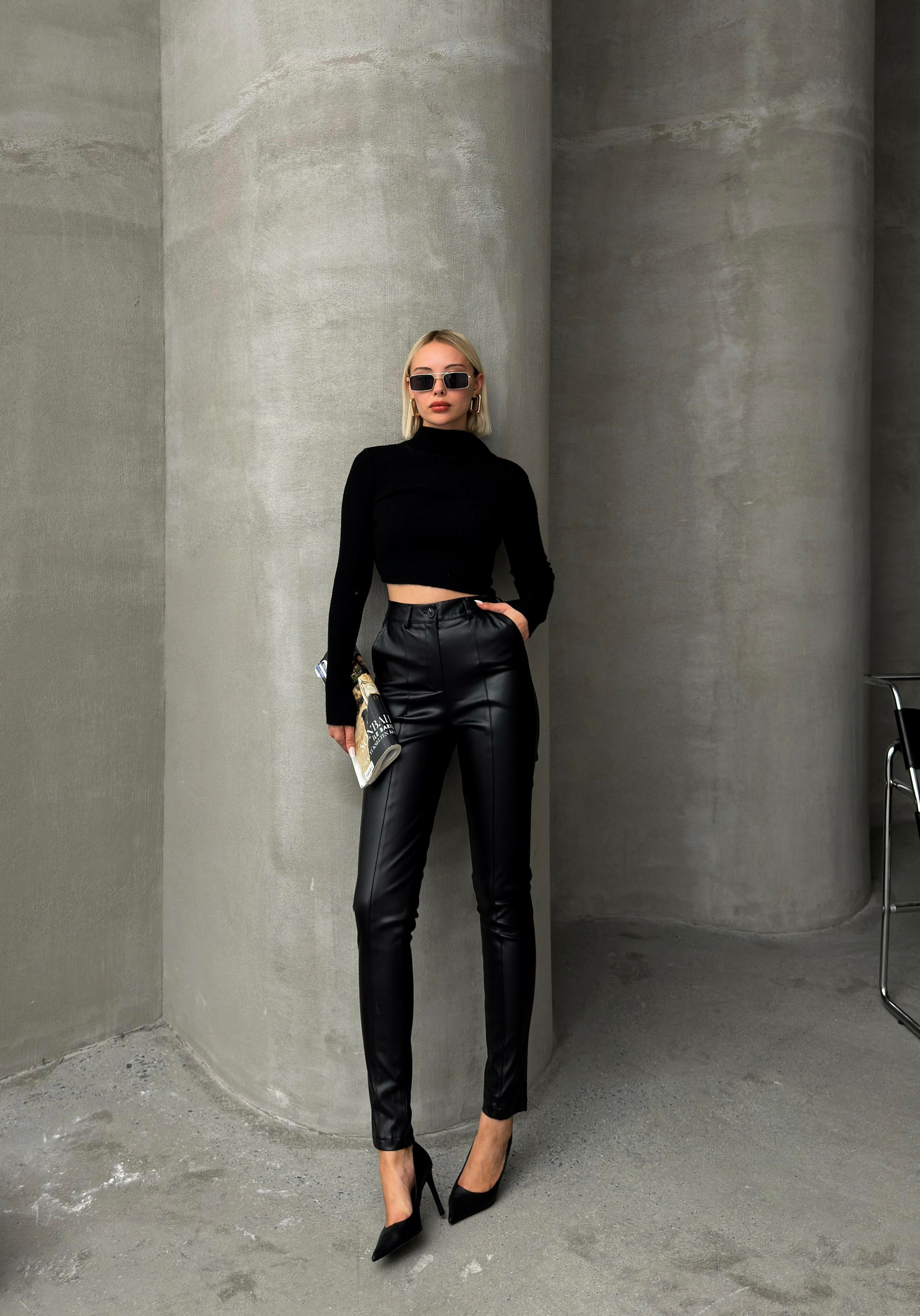 Deri Görünümlü Dikiş Detaylı Skinny Fit Pantolon SİYAH 7562