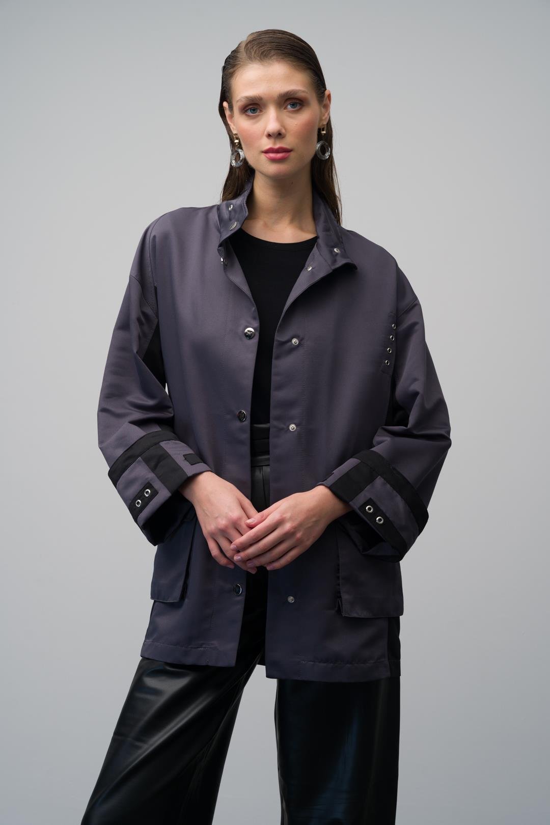 Deri Kemerli Garni Detaylı Astarsız Kısa Trençkot ANTRASİT 6670