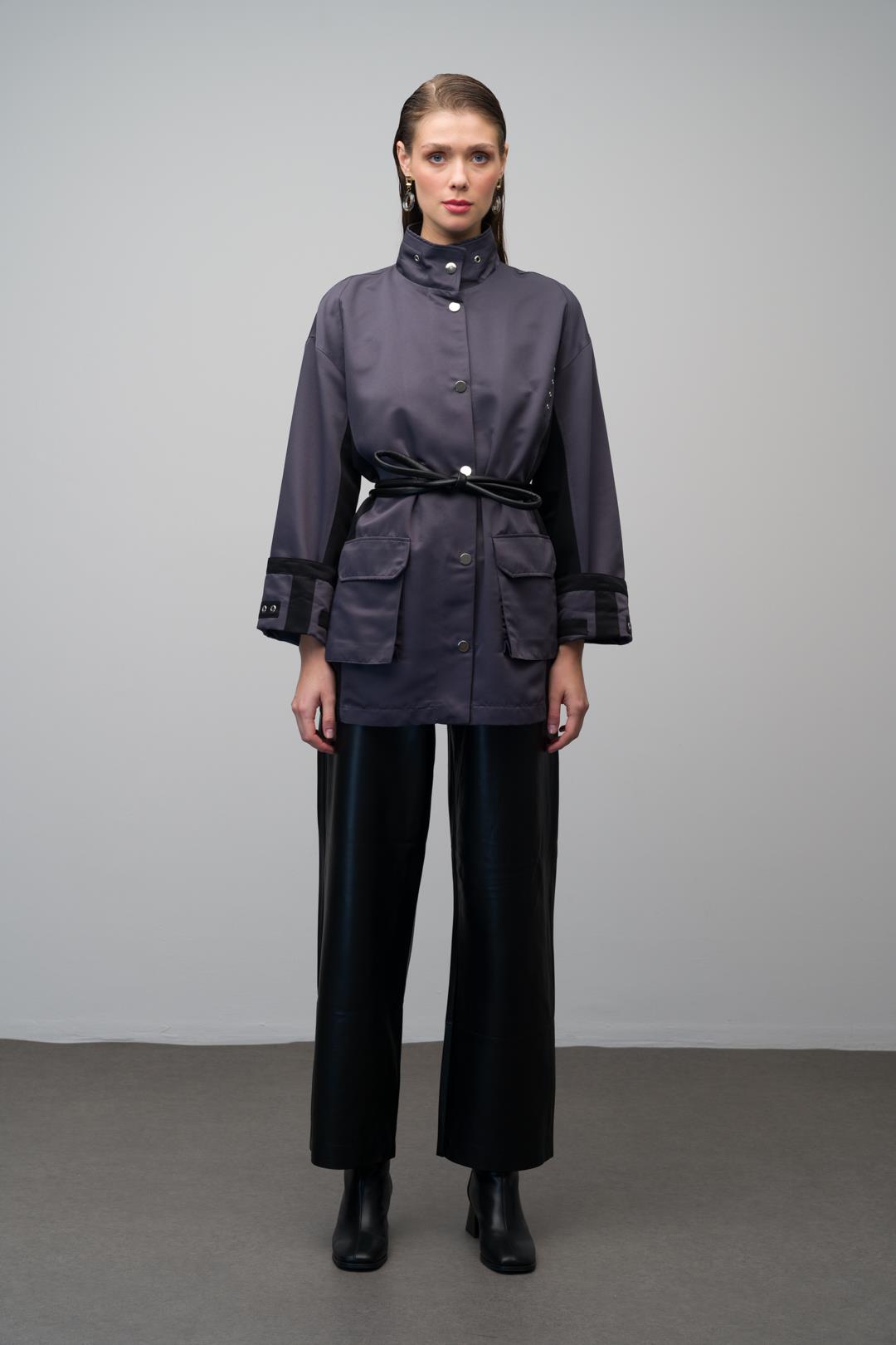 Deri Kemerli Garni Detaylı Astarsız Kısa Trençkot ANTRASİT 6670