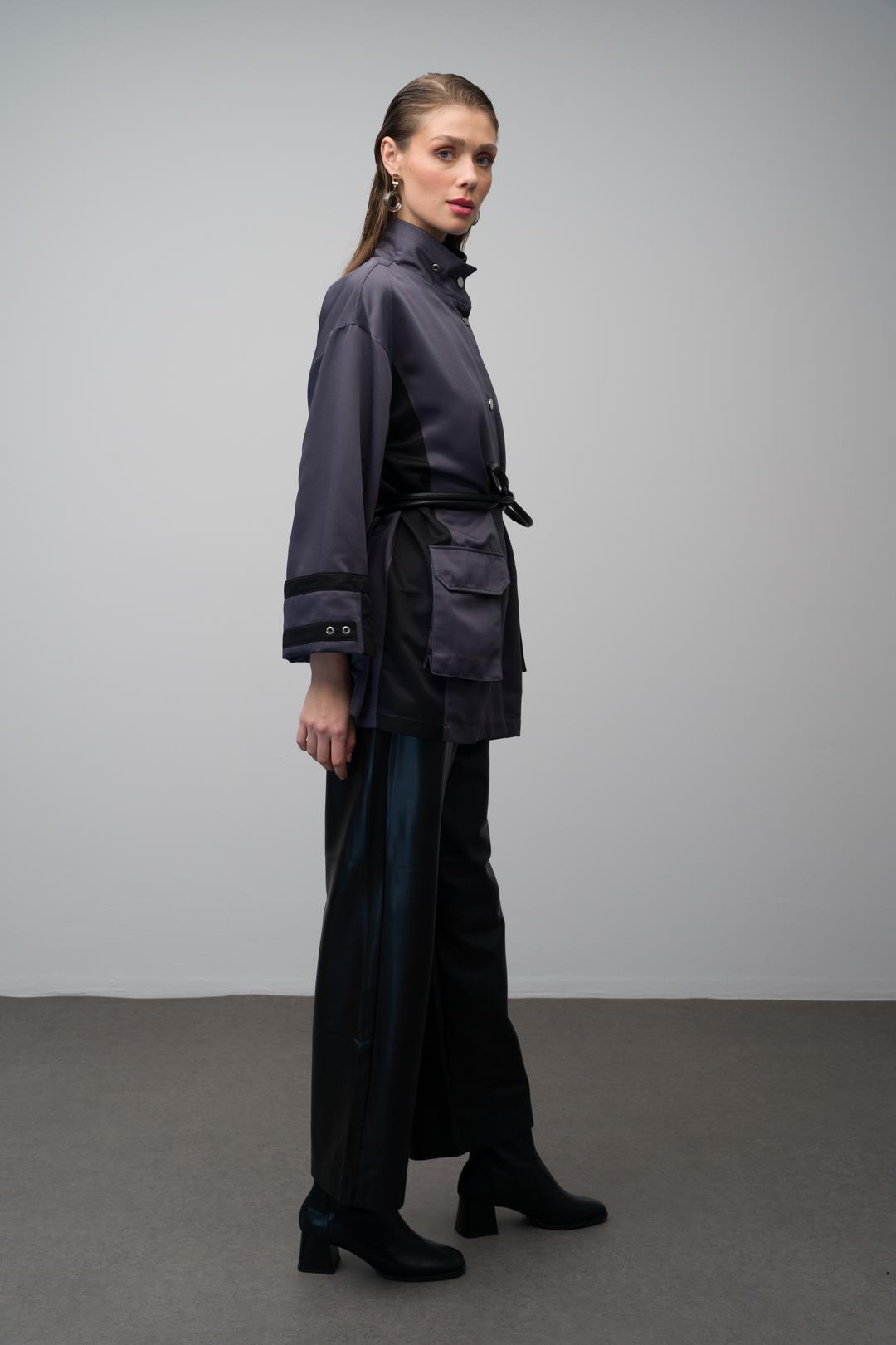 Deri Kemerli Garni Detaylı Astarsız Kısa Trençkot ANTRASİT 6670