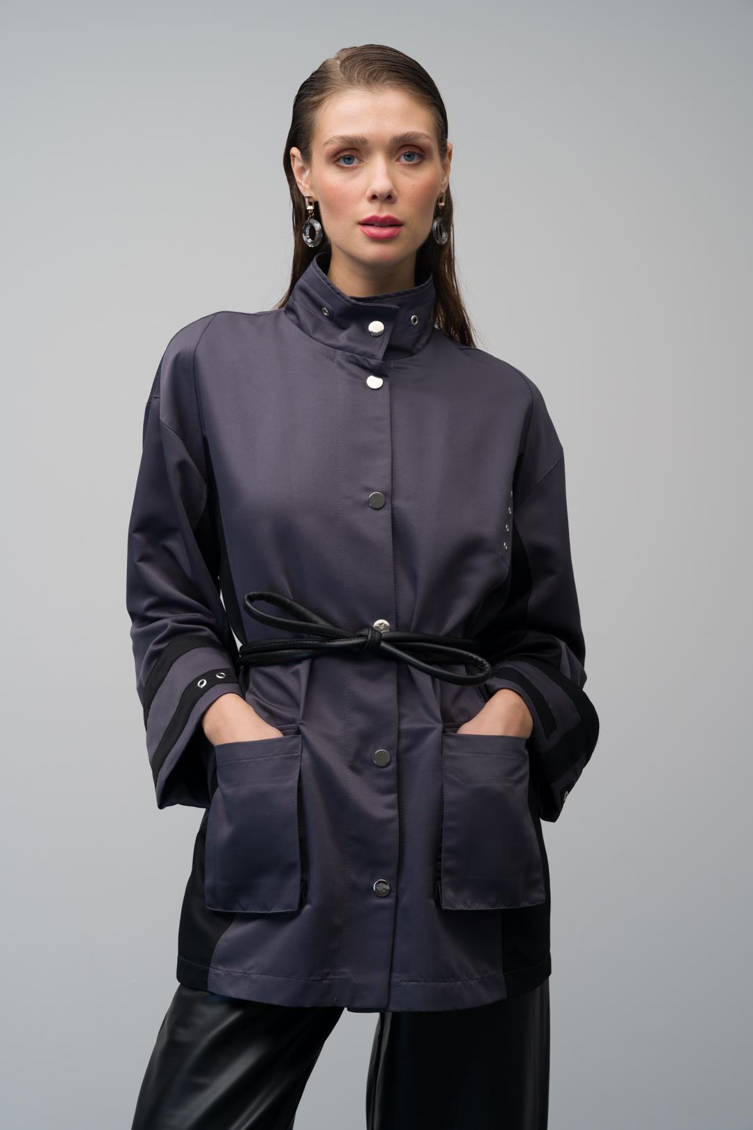 Deri Kemerli Garni Detaylı Astarsız Kısa Trençkot ANTRASİT 6670