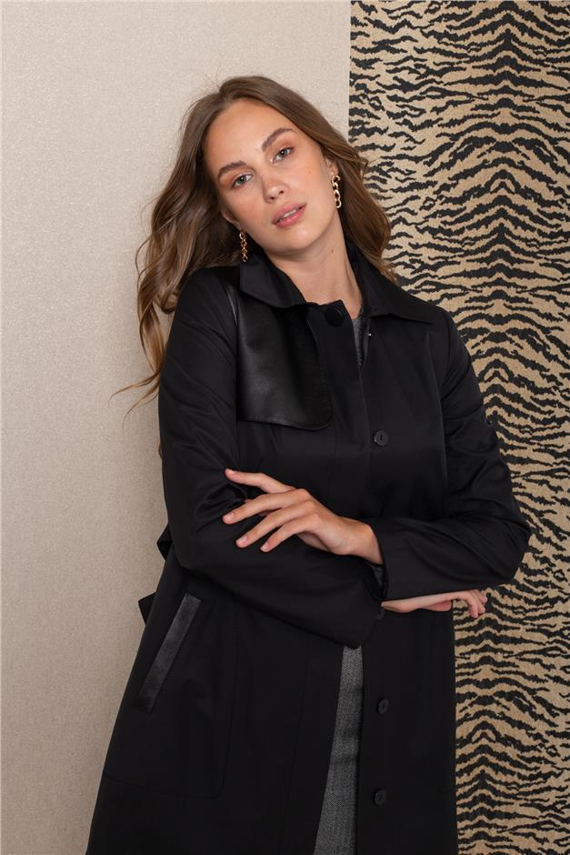 Deri Pelerinli Yanı Yırtmaçlı Su İtici Özellikli Trençkot SİYAH 6084