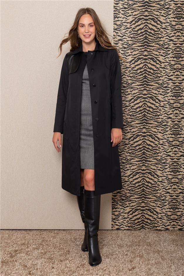 Deri Pelerinli Yanı Yırtmaçlı Su İtici Özellikli Trençkot SİYAH 6084