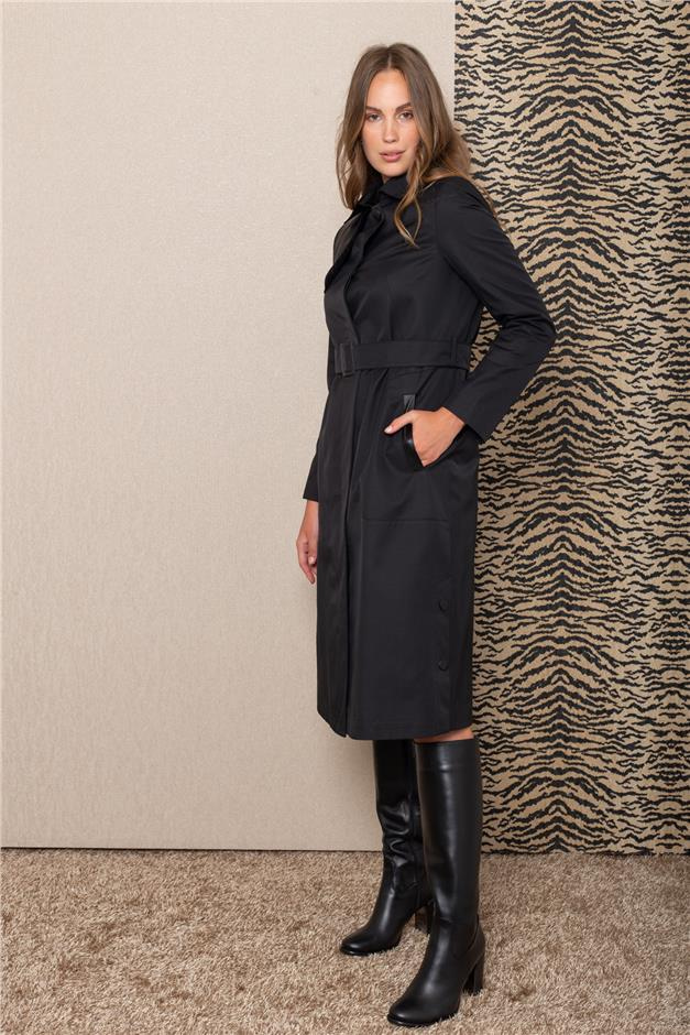 Deri Pelerinli Yanı Yırtmaçlı Su İtici Özellikli Trençkot SİYAH 6084