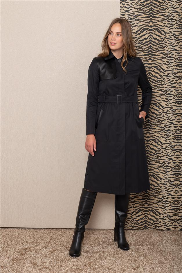 Deri Pelerinli Yanı Yırtmaçlı Su İtici Özellikli Trençkot SİYAH 6084