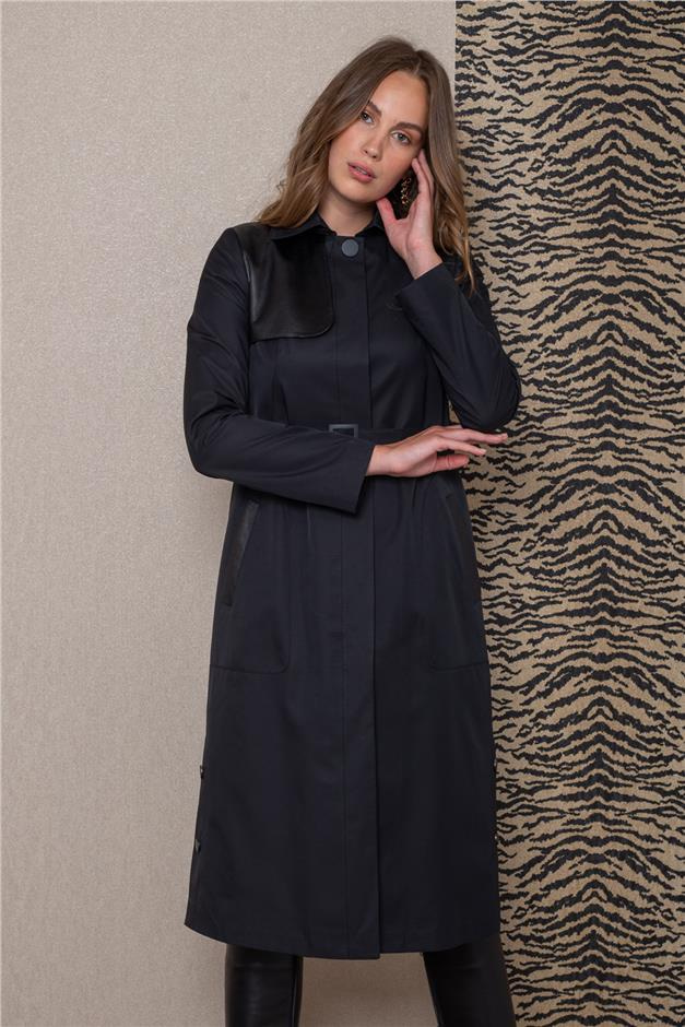 Deri Pelerinli Yanı Yırtmaçlı Su İtici Özellikli Trençkot SİYAH 6084