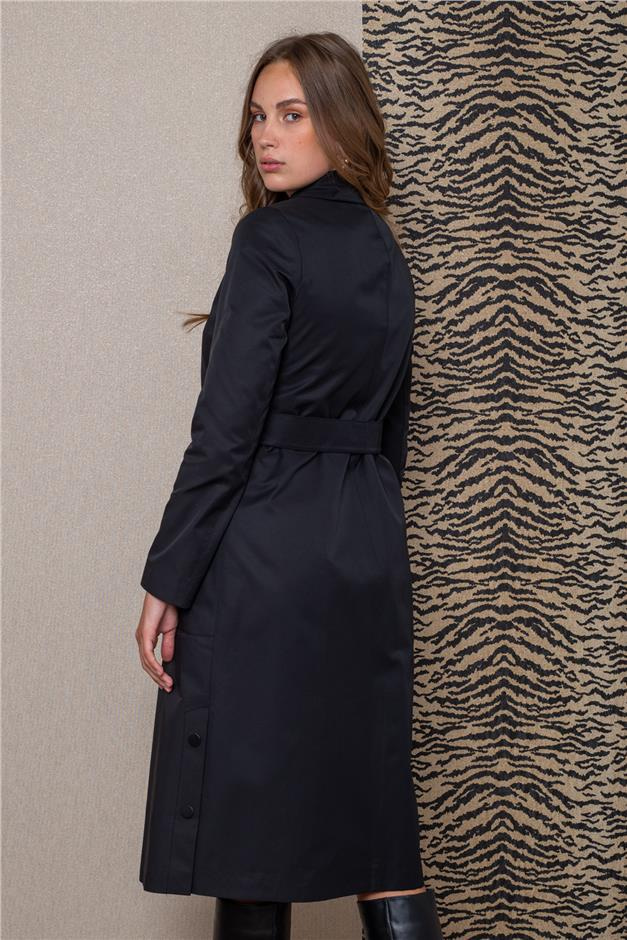 Deri Pelerinli Yanı Yırtmaçlı Su İtici Özellikli Trençkot SİYAH 6084