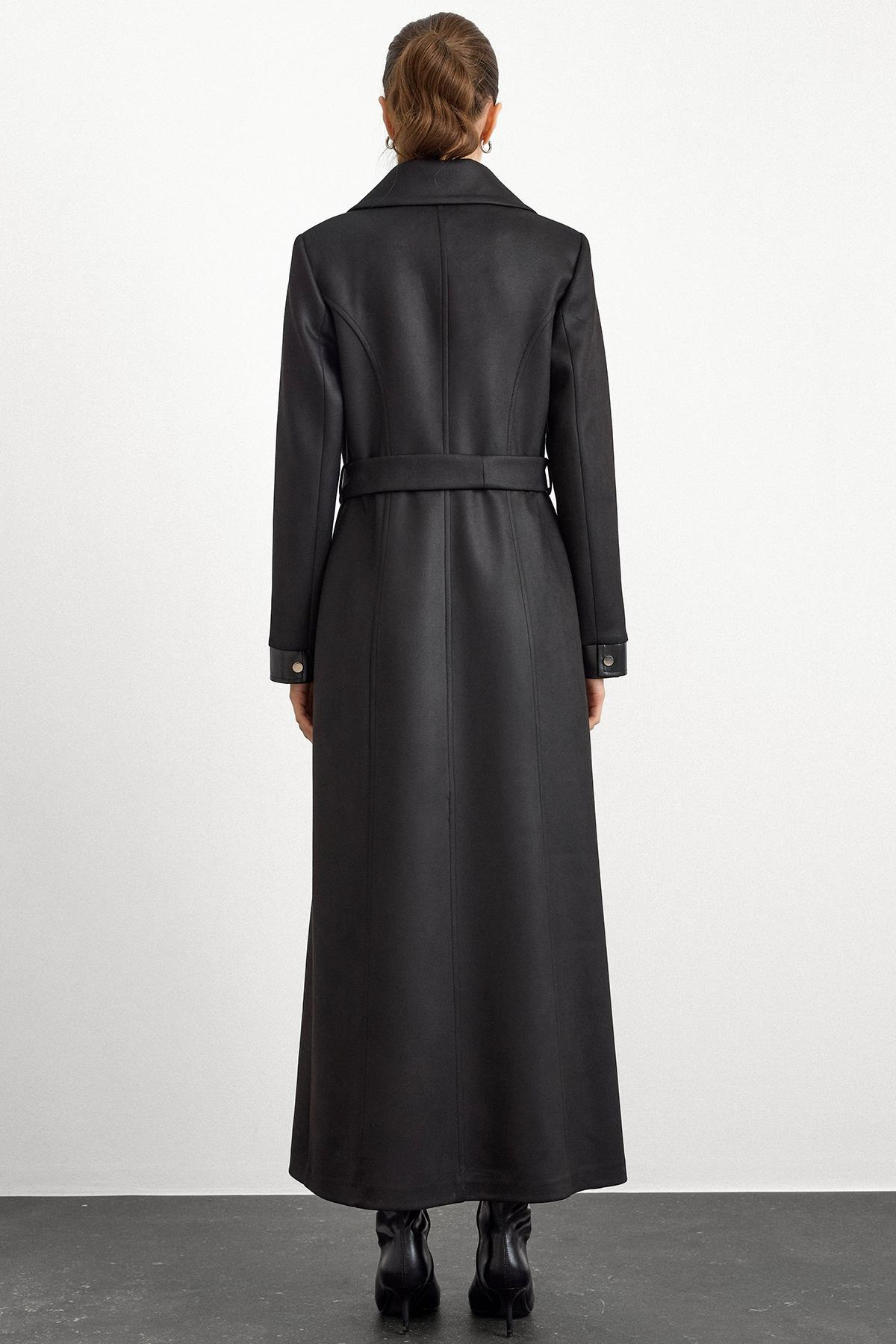 Deri ve Çıt Çıt Aksesuarlı Gabardin Süet Pardesü SİYAH 6793