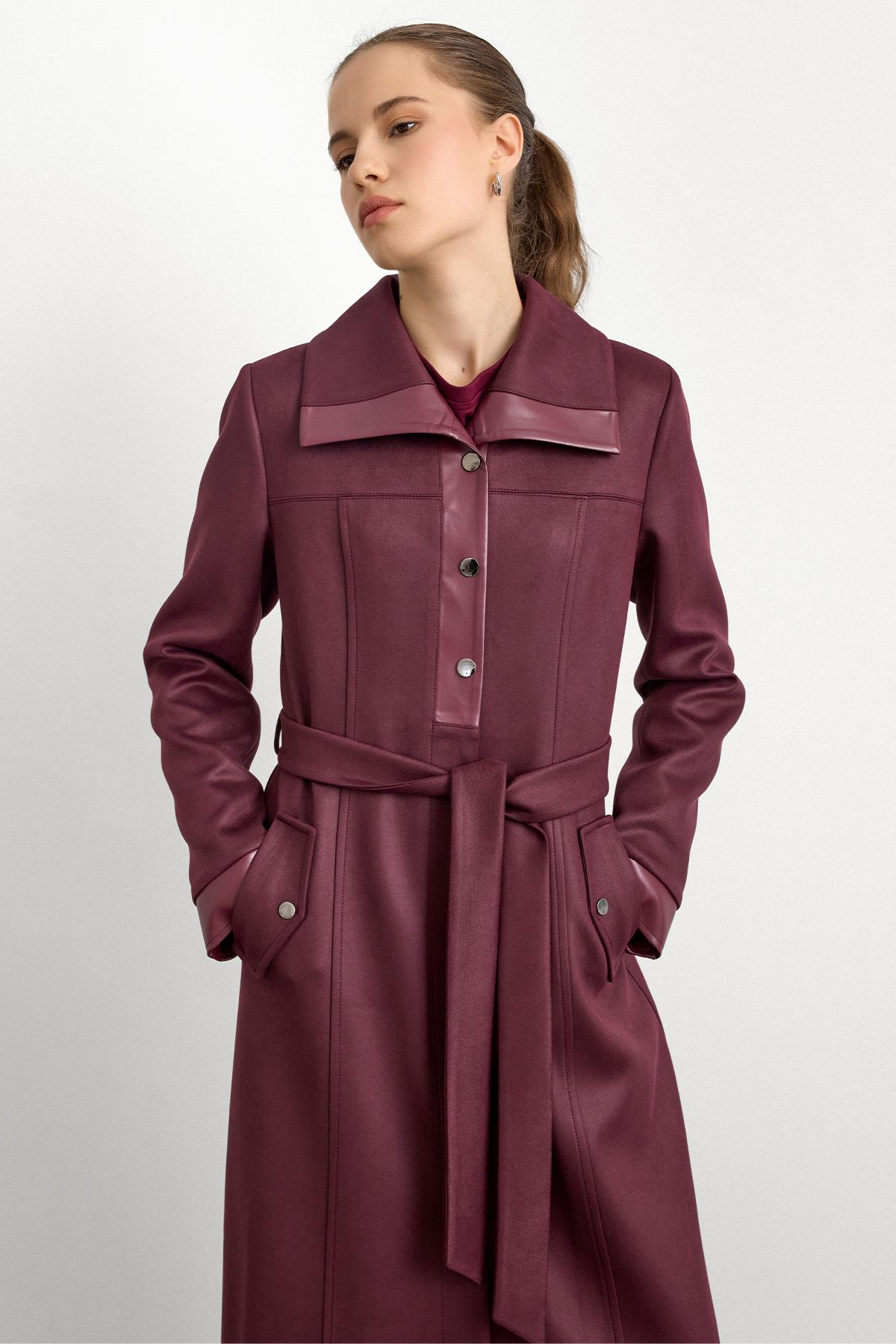 Deri ve Çıt Çıt Aksesuarlı Gabardin Süet Pardesü BORDO 6793