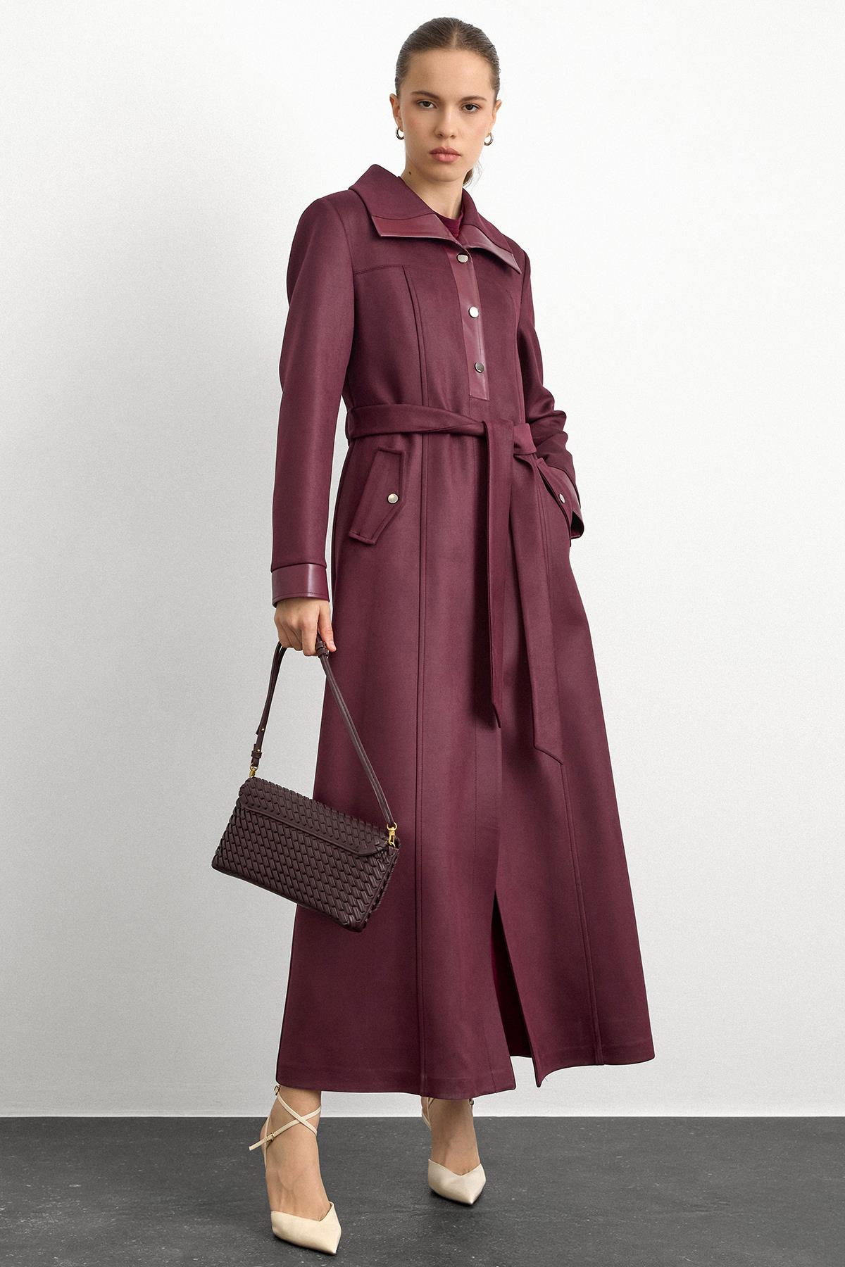 Deri ve Çıt Çıt Aksesuarlı Gabardin Süet Pardesü BORDO 6793