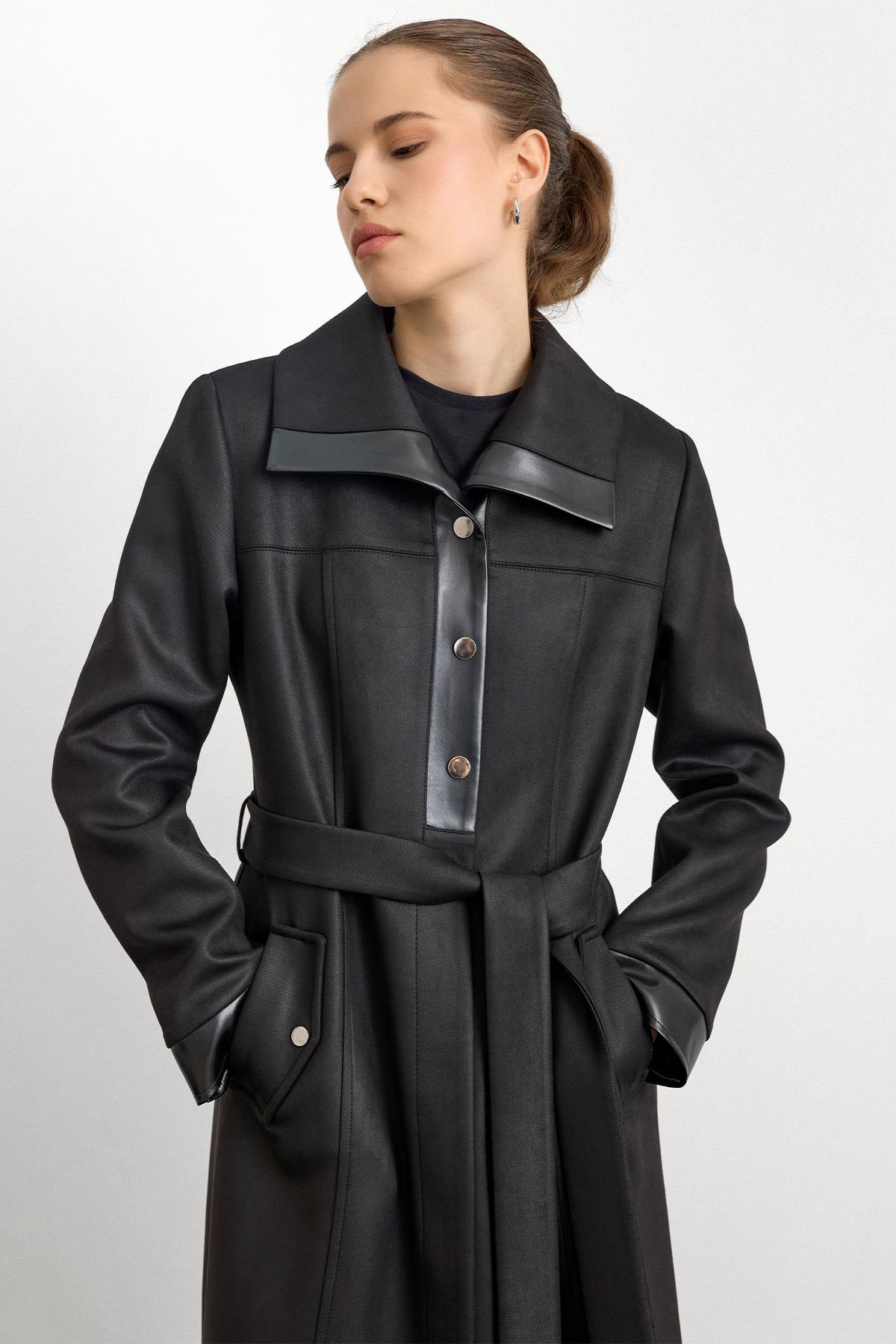 Deri ve Çıt Çıt Aksesuarlı Gabardin Süet Pardesü SİYAH 6793