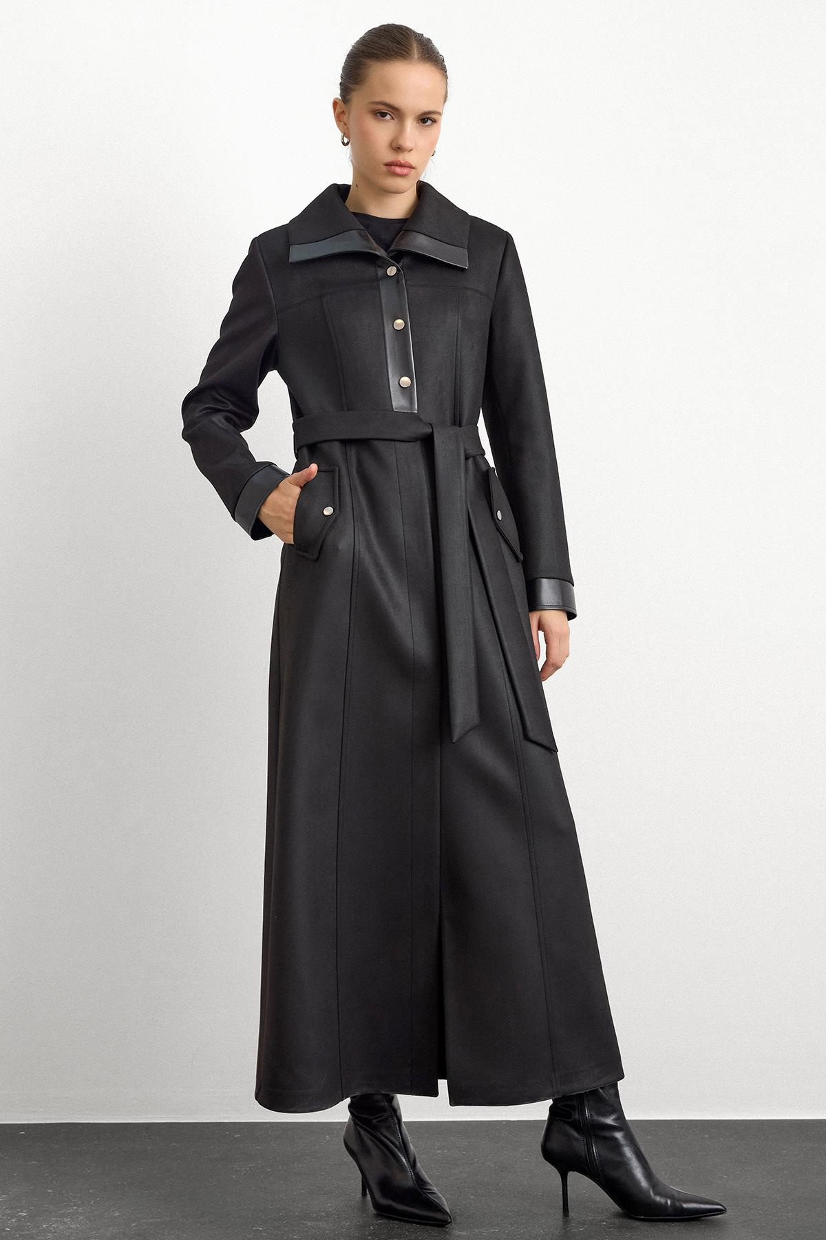 Deri ve Çıt Çıt Aksesuarlı Gabardin Süet Pardesü SİYAH 6793