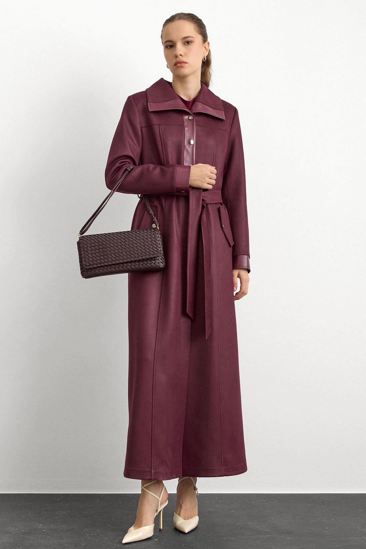 Deri ve Çıt Çıt Aksesuarlı Gabardin Süet Pardesü BORDO 6793