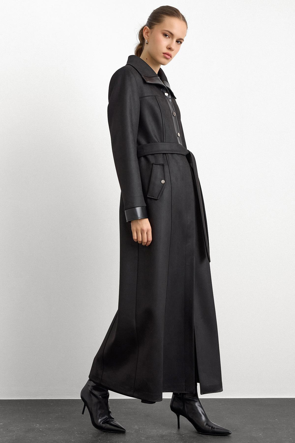 Deri ve Çıt Çıt Aksesuarlı Gabardin Süet Pardesü SİYAH 6793