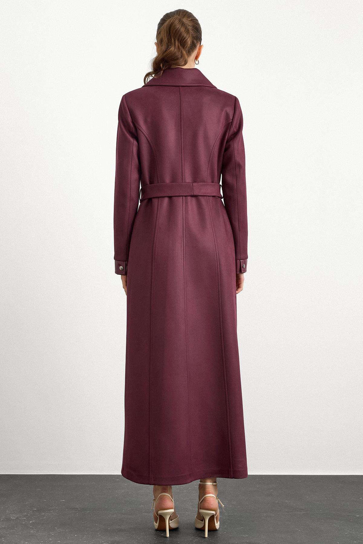 Deri ve Çıt Çıt Aksesuarlı Gabardin Süet Pardesü BORDO 6793