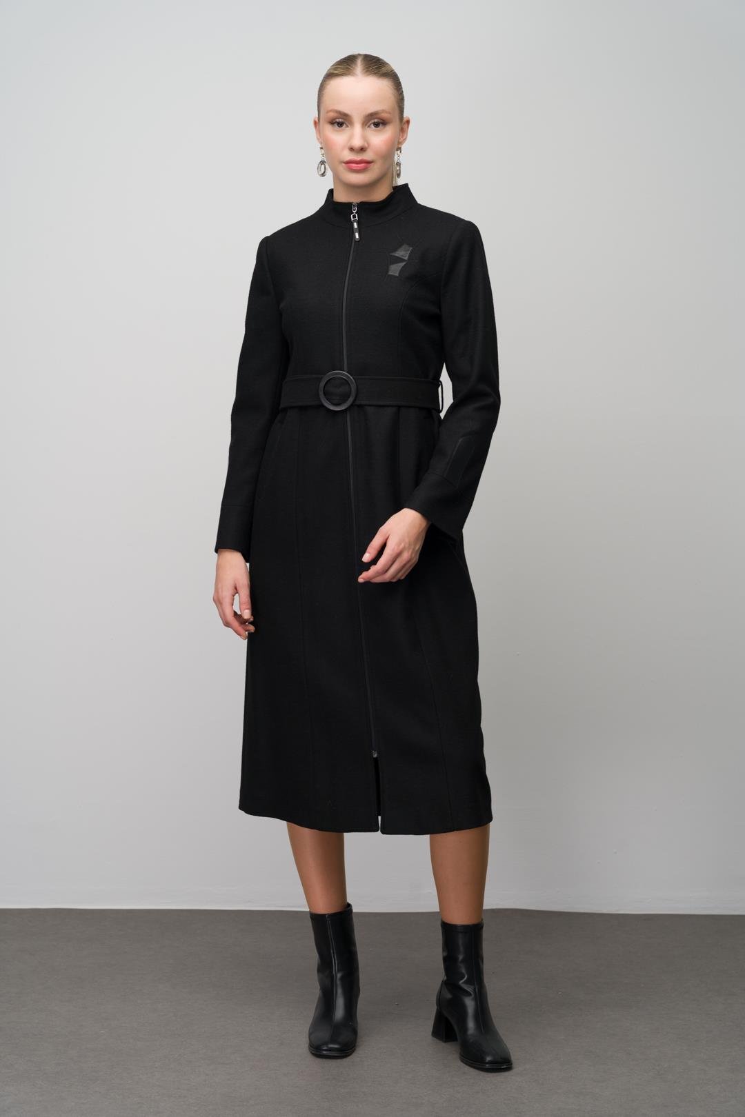 Wool Blend Coat with Leather and Embroidered Details BLACK 6630