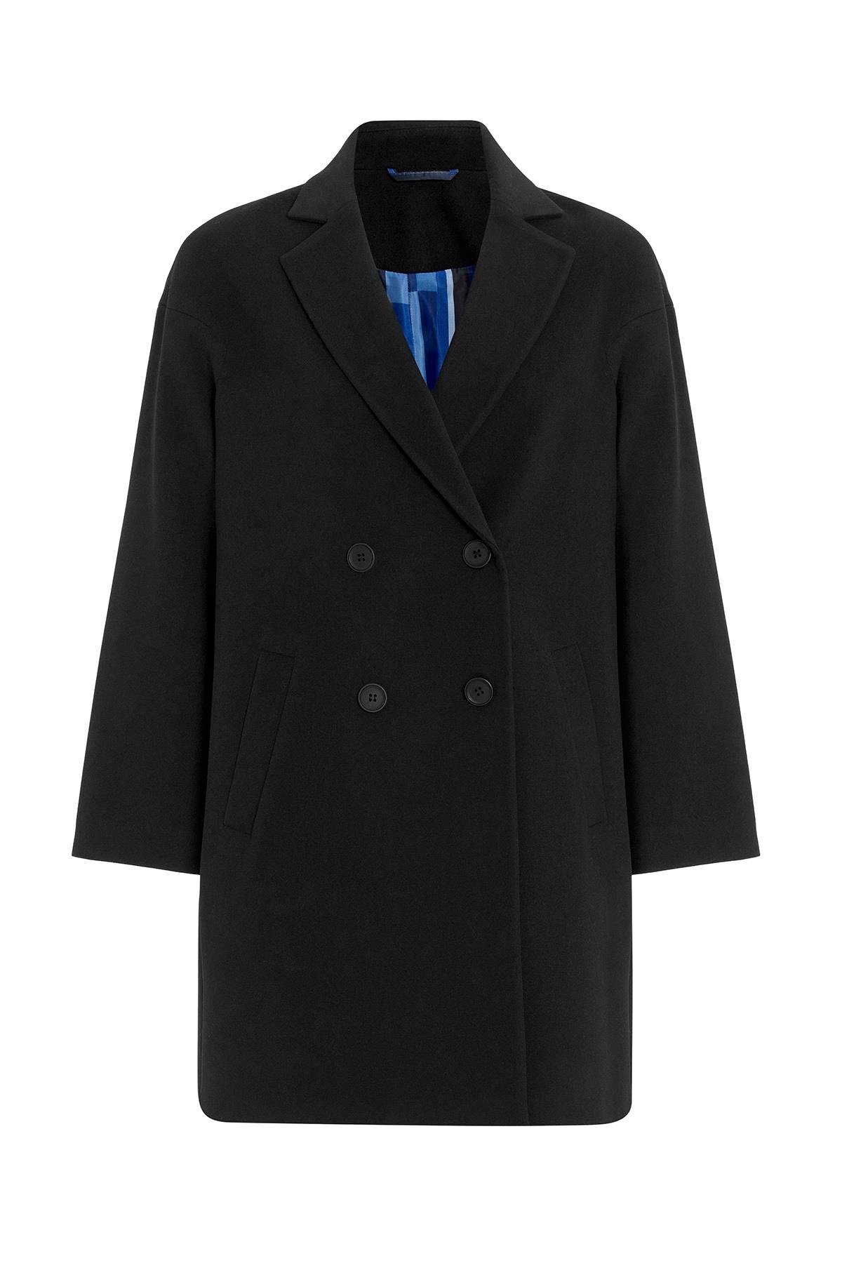 Desenli Astarlı Oversize Kruvaze Kaban SİYAH 3095