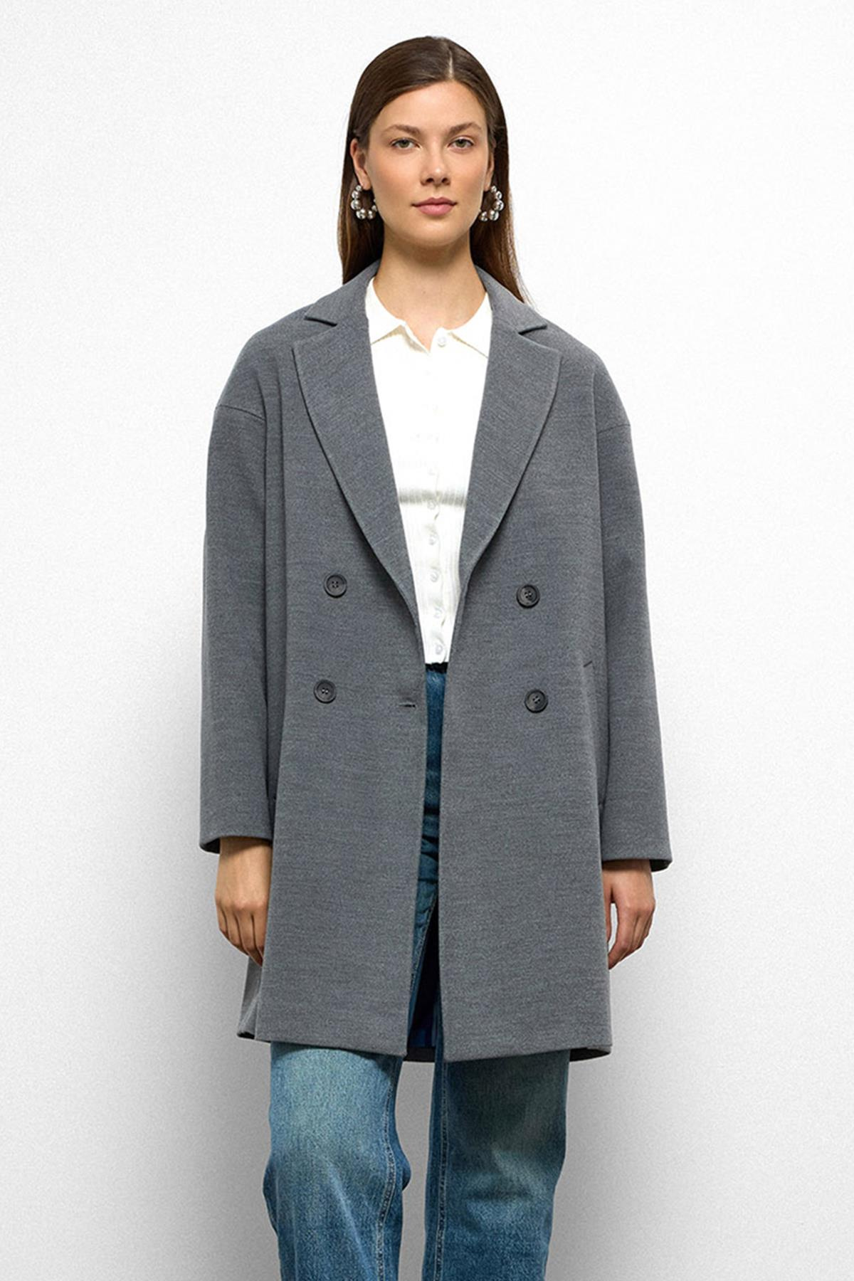 Desenli Astarlı Oversize Kruvaze Kaban GRİ 3095