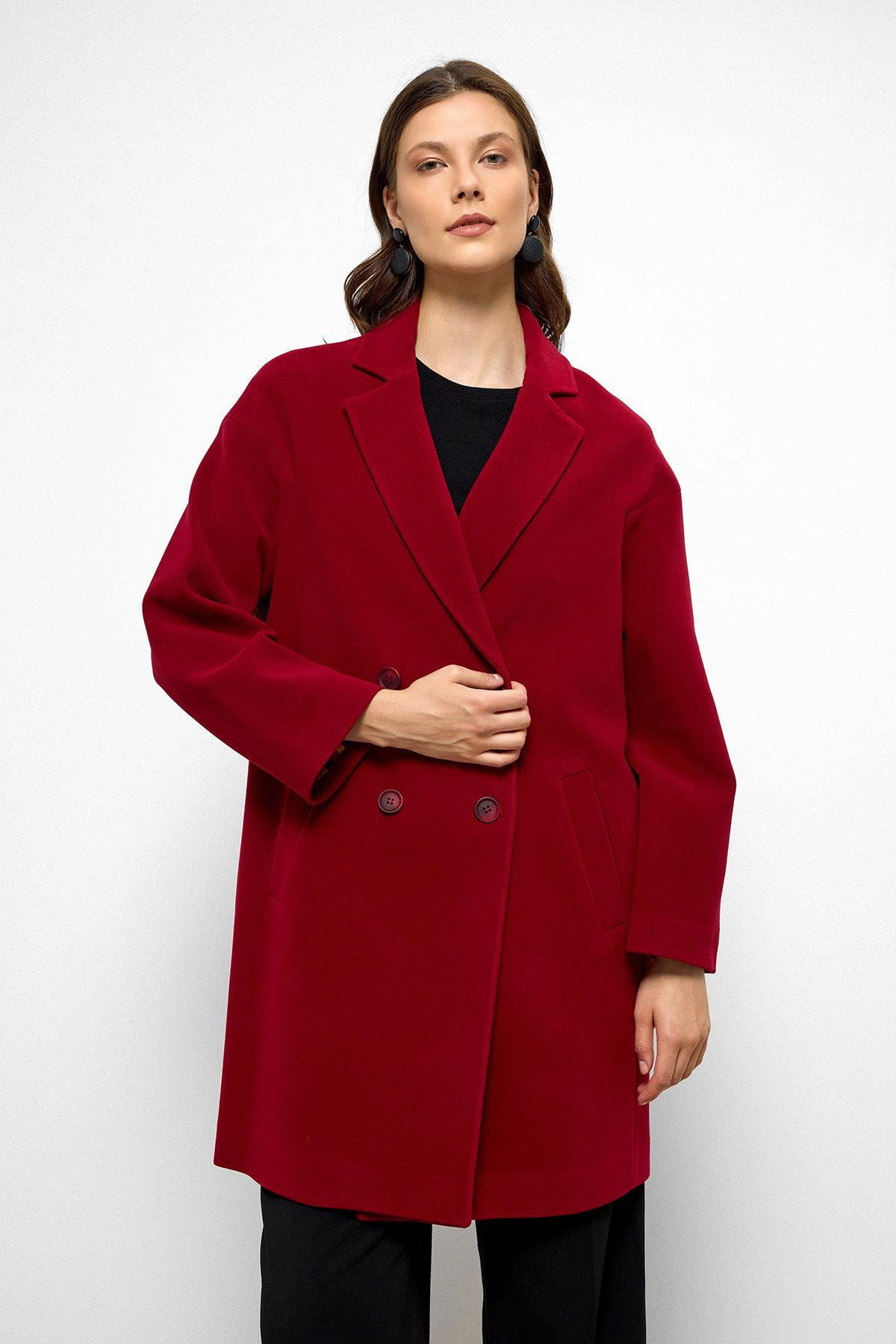 Desenli Astarlı Oversize Kruvaze Kaban KIRMIZI 3095