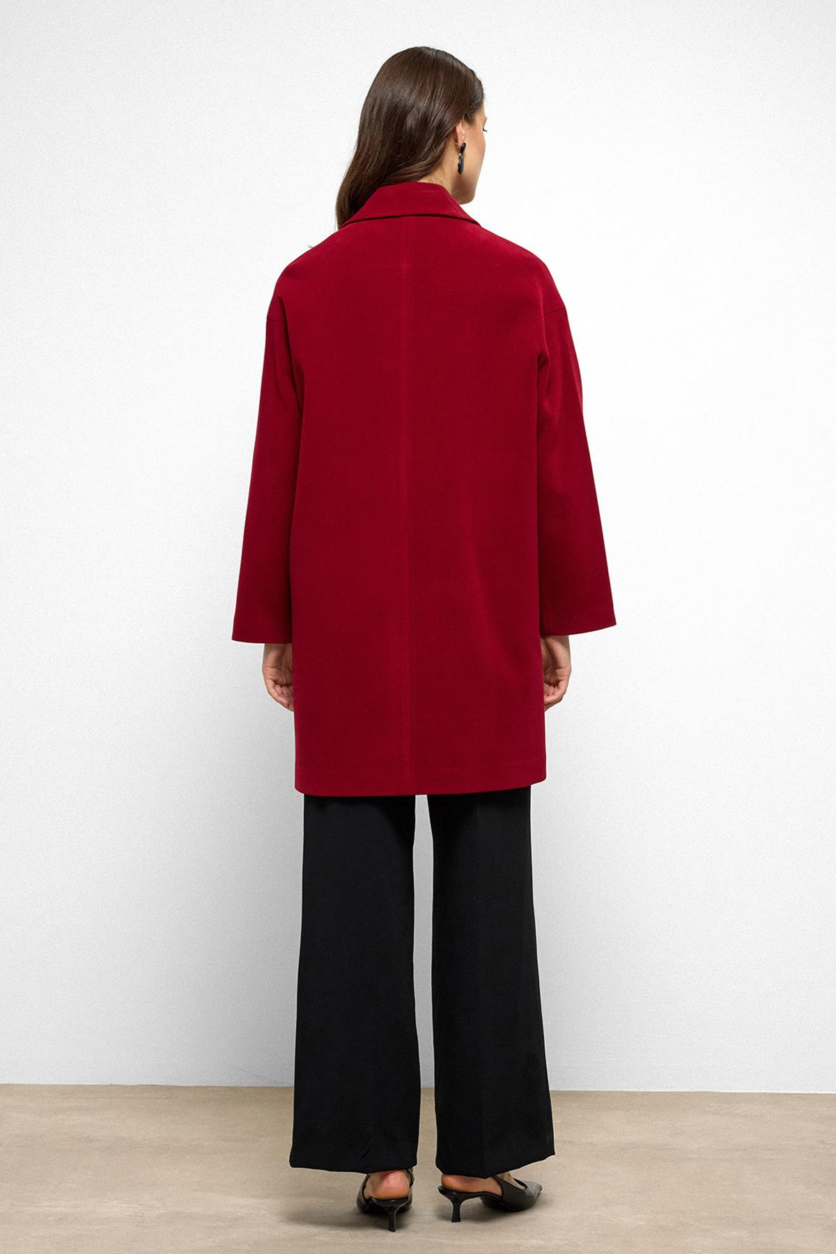 Desenli Astarlı Oversize Kruvaze Kaban KIRMIZI 3095