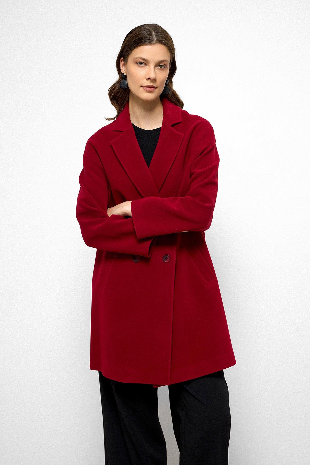 Desenli Astarlı Oversize Kruvaze Kaban KIRMIZI 3095